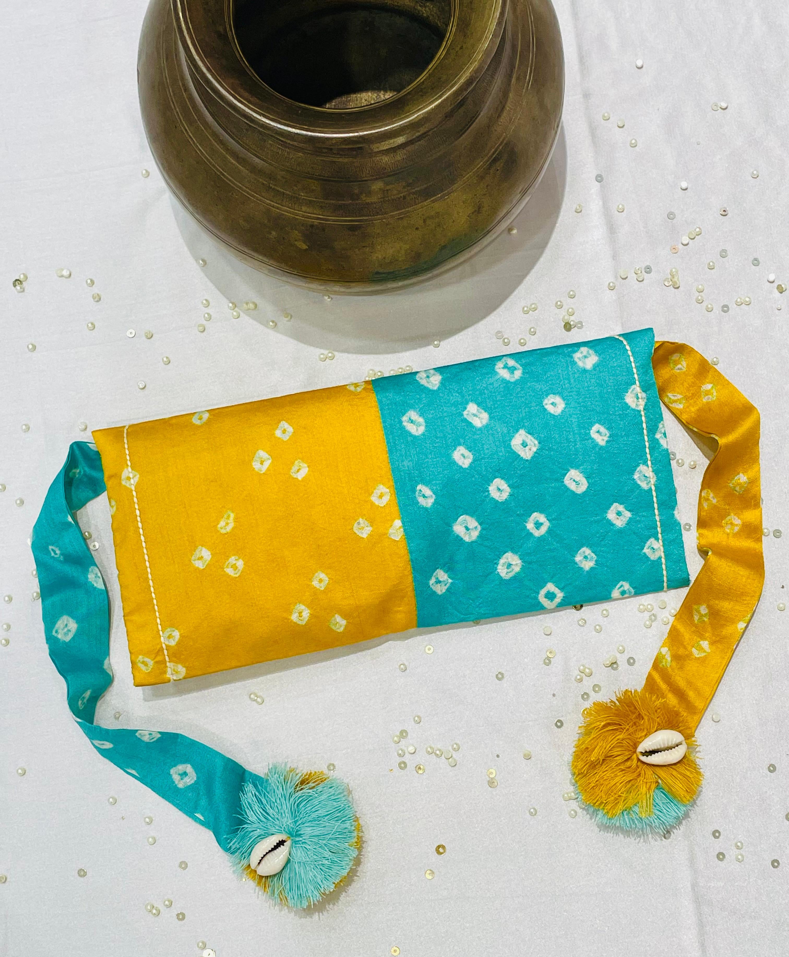 LIGHT BLUE - YELLOW SILK WAIST BAG WITH HANDMADE TASSELS