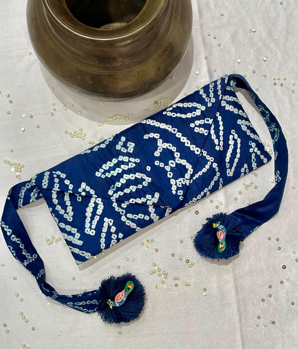 INDIGO BLUE SILK WAIST BAG WITH HANDMADE TASSELS