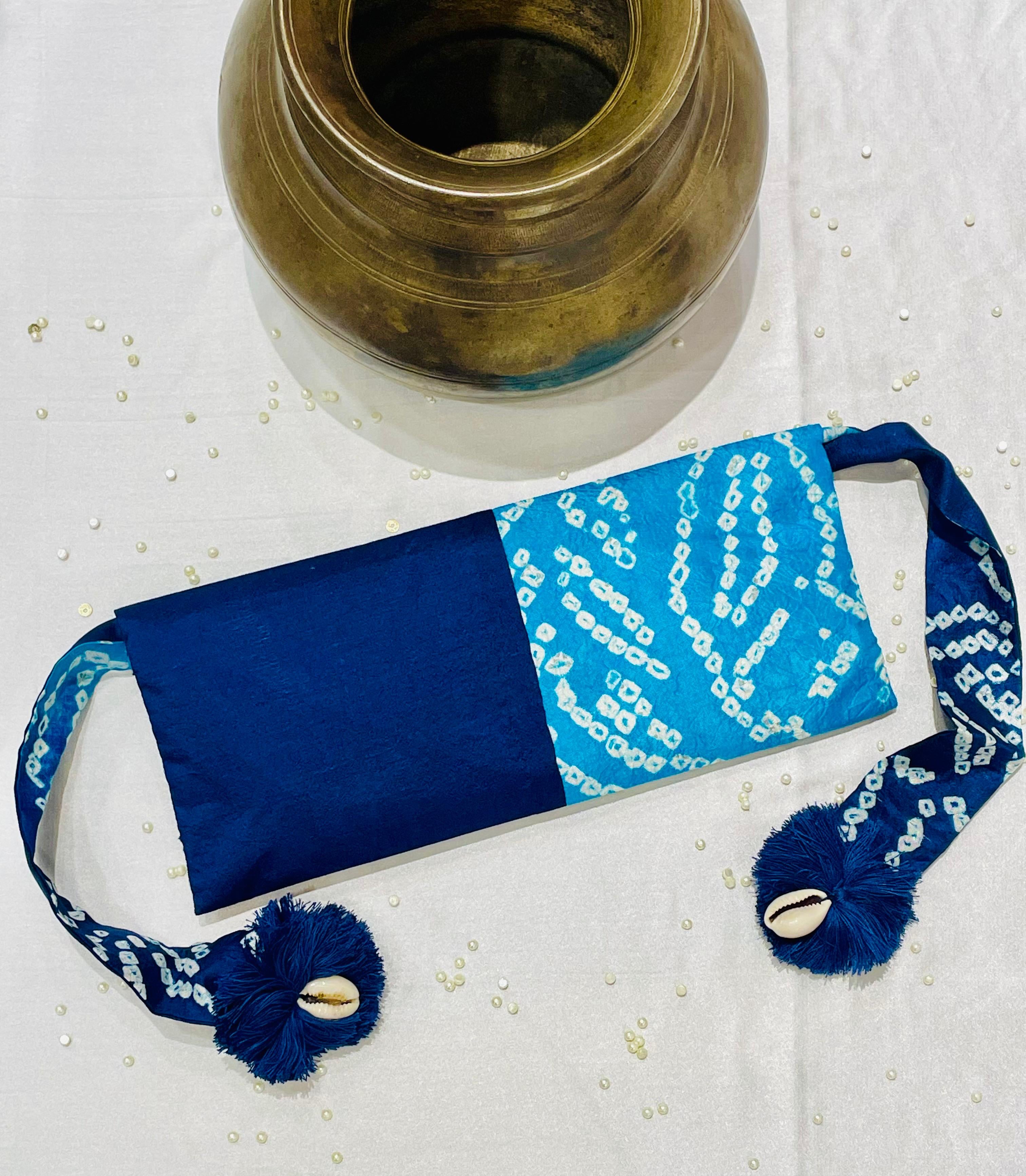 LIGHT BLUE - INDIGO BLUE SILK WAIST BAG WITH HANDMADE TASSELS AND STONEWORK