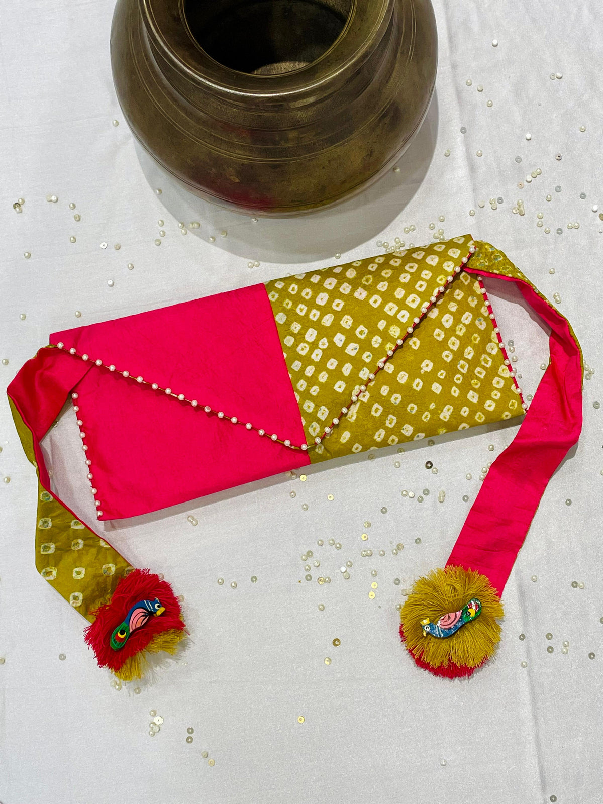 YELLOW-PINK SILK WAIST BAG WITH HANDMADE TASSELS AND STONEWORK