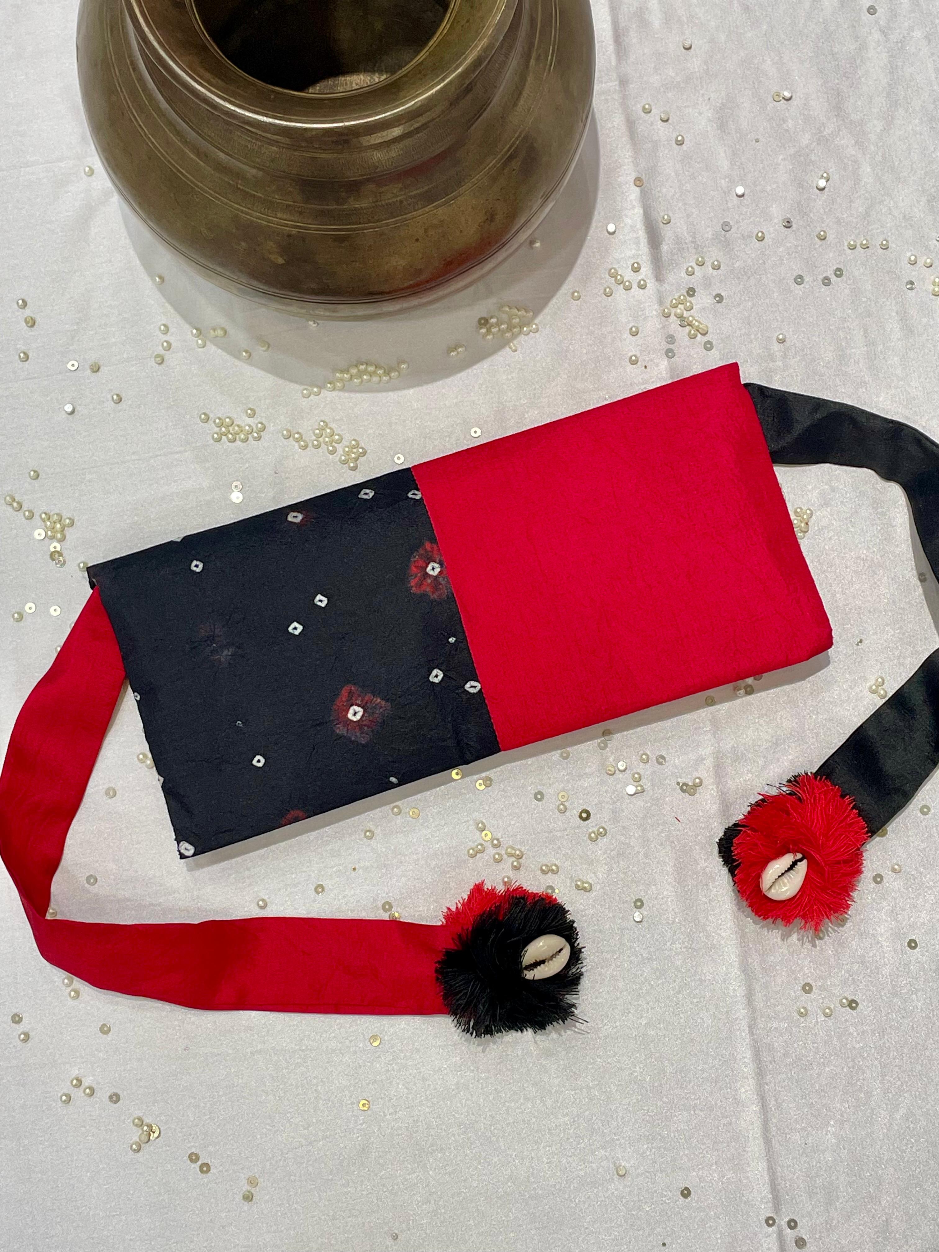 RED-BLACK SILK WAIST BAG WITH HANDMADE TASSELS AND STONEWORK