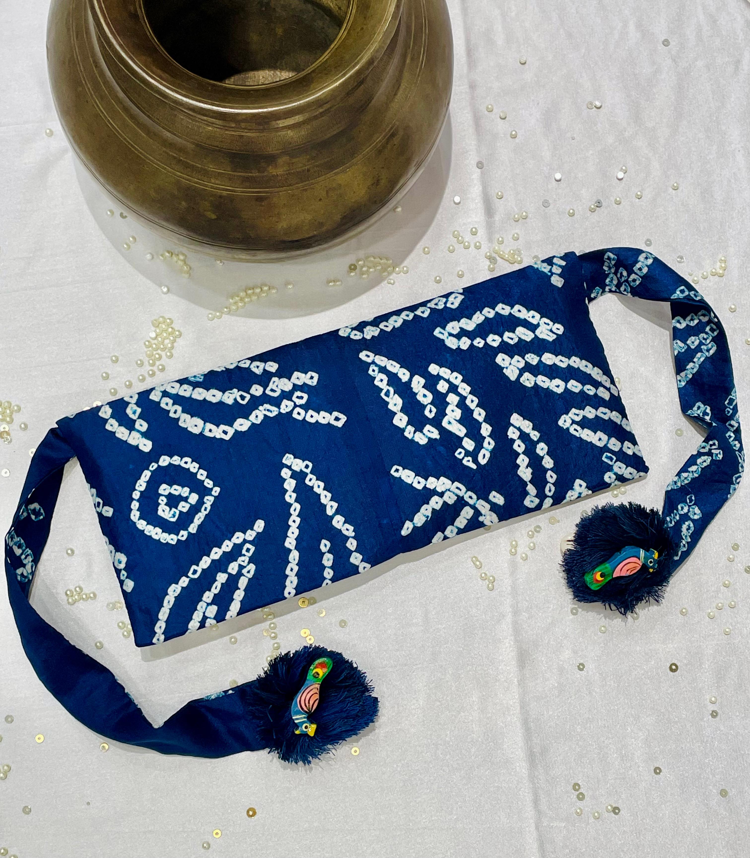 INDIGO BLUE SILK WAIST BAG WITH HANDMADE TASSELS