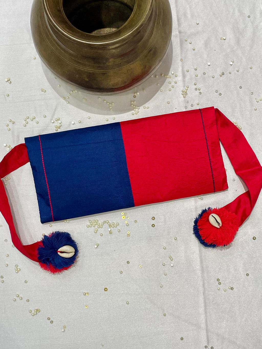 RED-BLUE SILK WAIST BAG WITH HANDMADE TASSELS