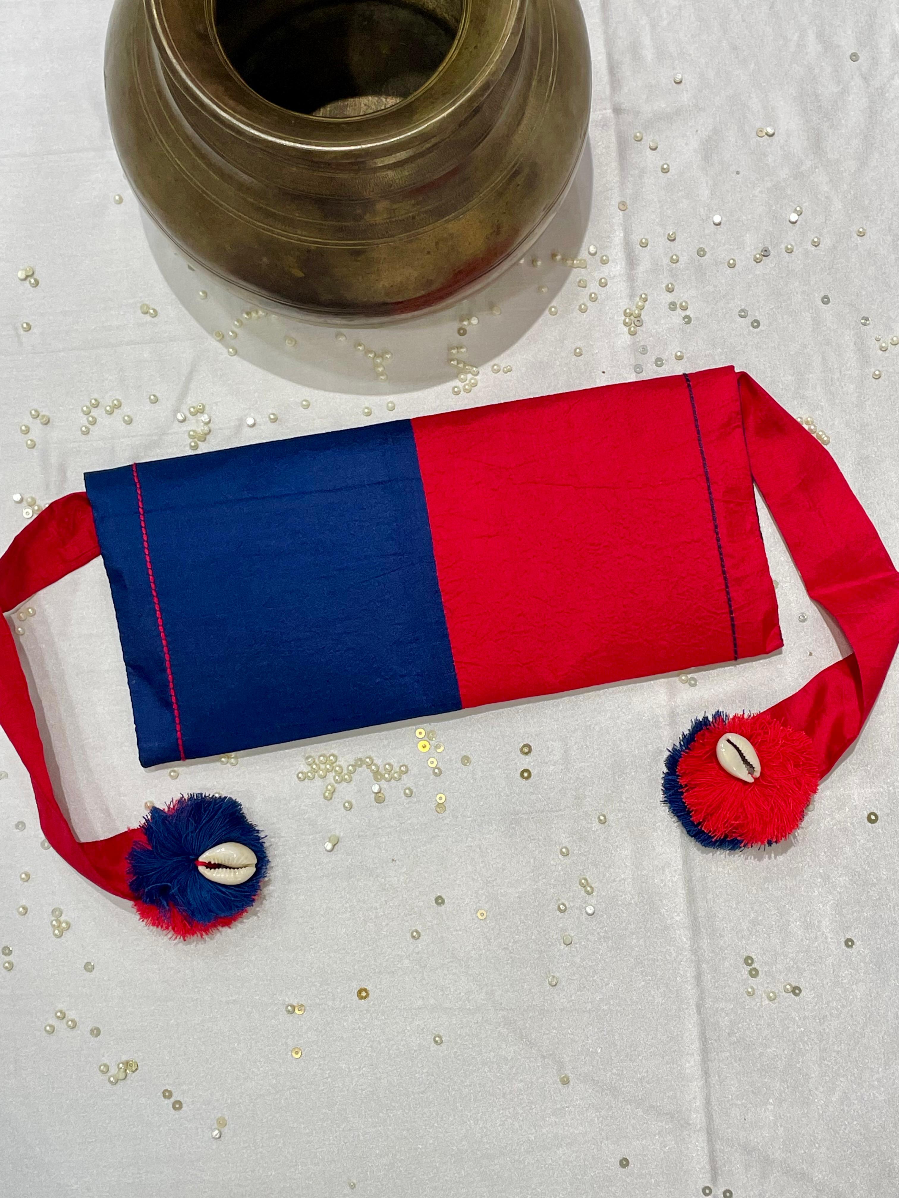 RED-BLUE SILK WAIST BAG WITH HANDMADE TASSELS