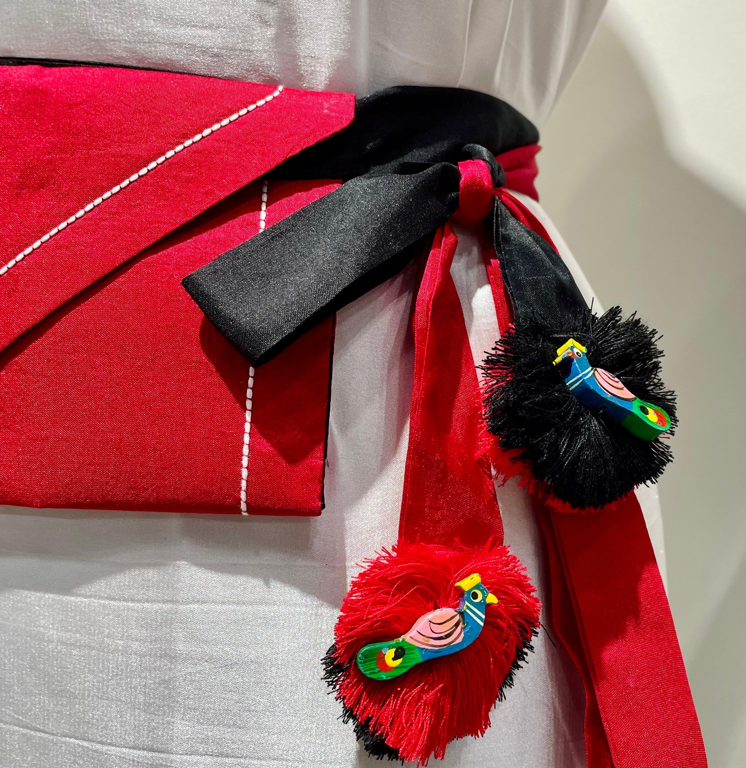 RED-BLACK SILK WAISTBAG WITH HANDMADE TASSELS