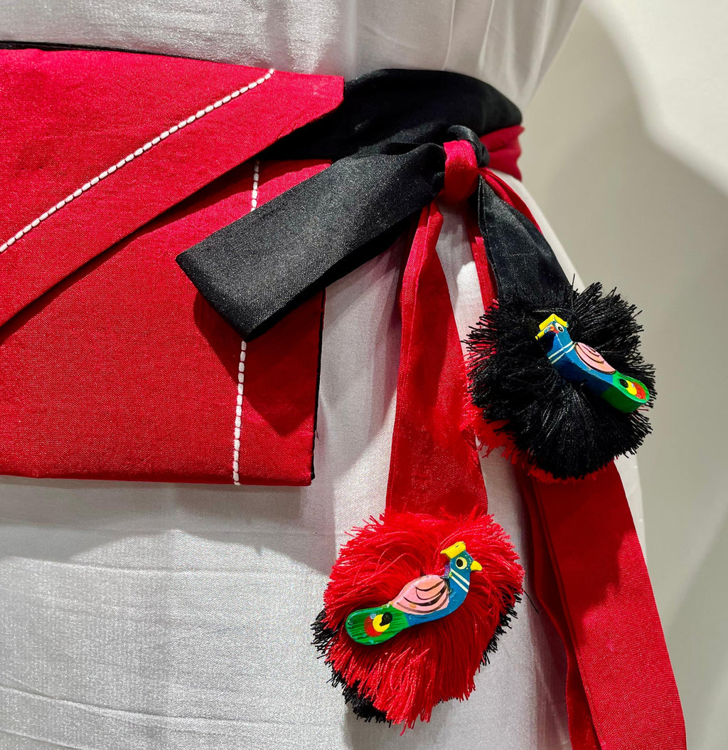 RED-BLACK SILK WAIST BAG WITH HANDMADE TASSELS AND STONEWORK