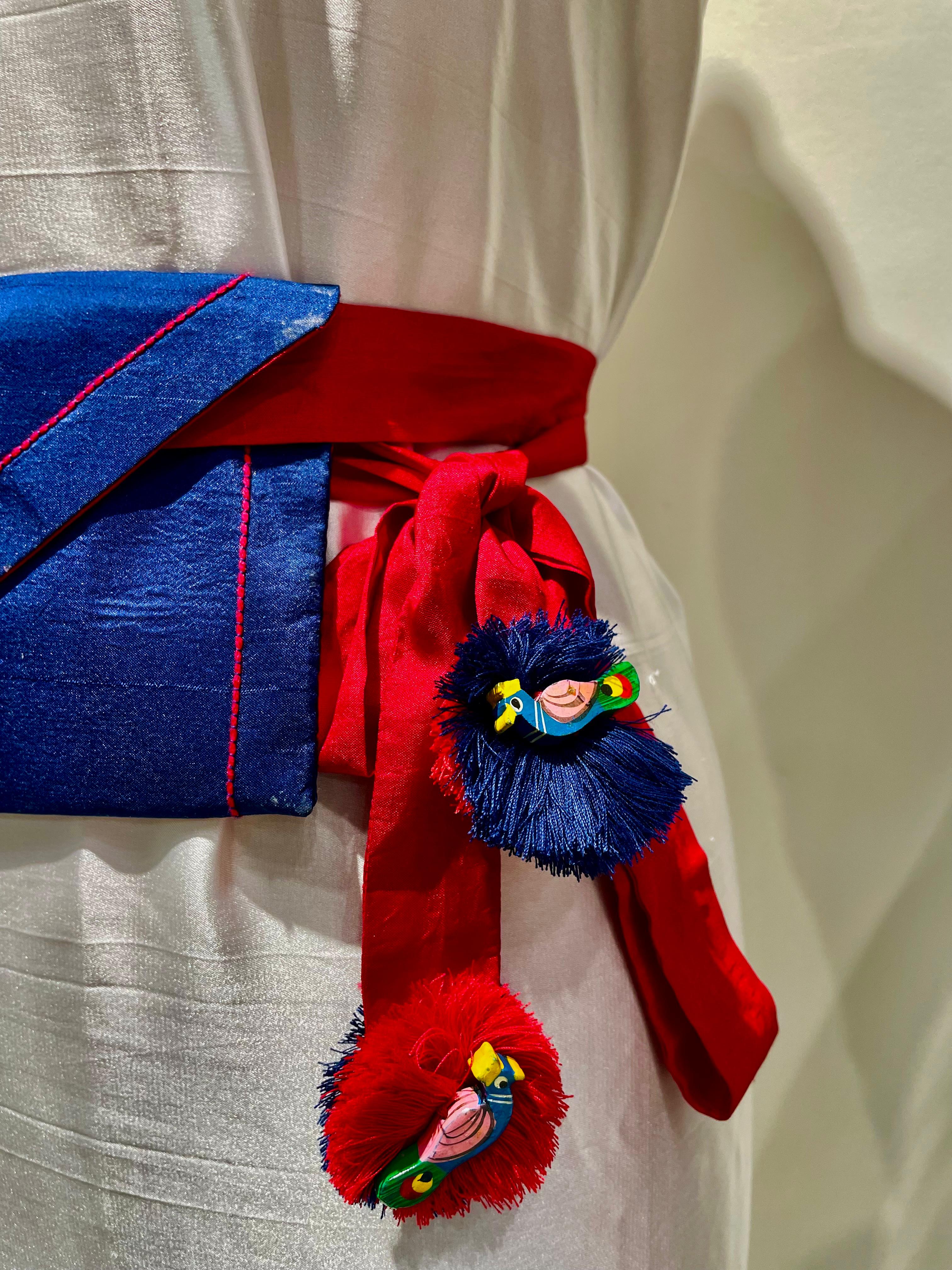 RED-BLUE SILK WAIST BAG WITH HANDMADE TASSELS