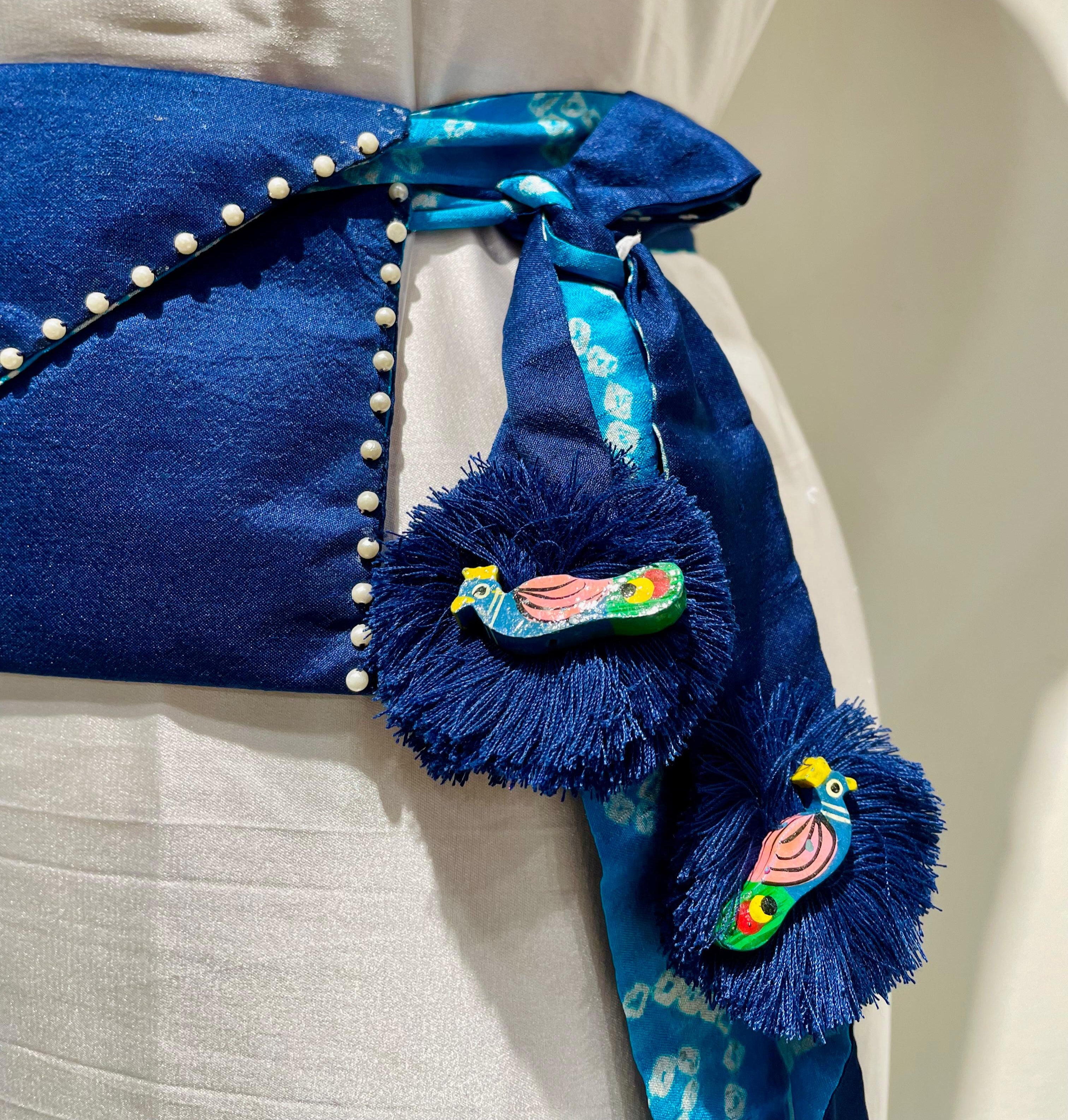 LIGHT BLUE - INDIGO BLUE SILK WAIST BAG WITH HANDMADE TASSELS AND STONEWORK