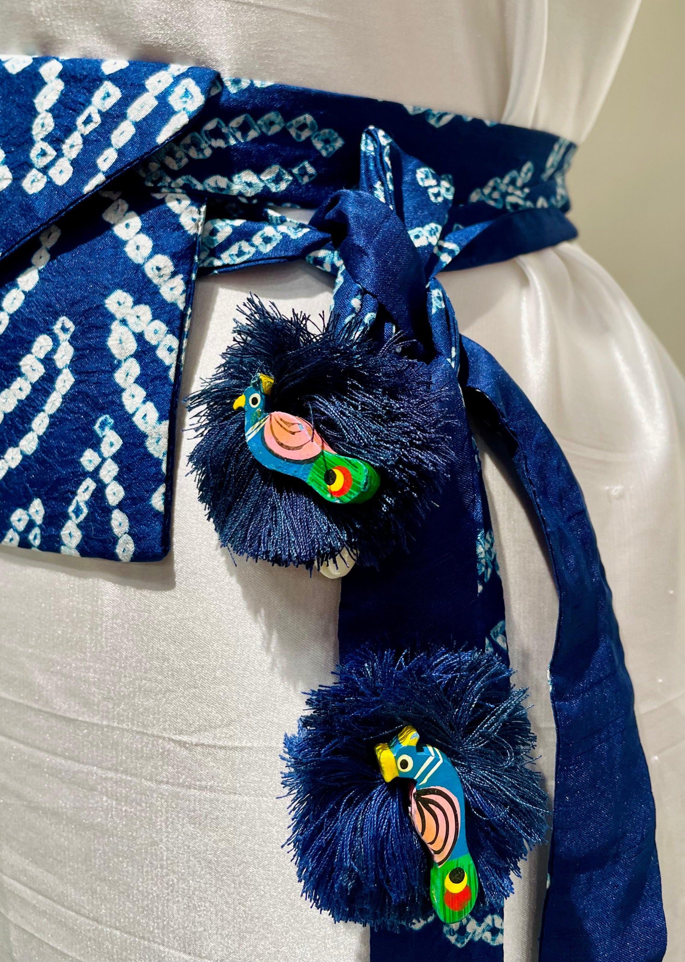 INDIGO BLUE SILK WAIST BAG WITH HANDMADE TASSELS