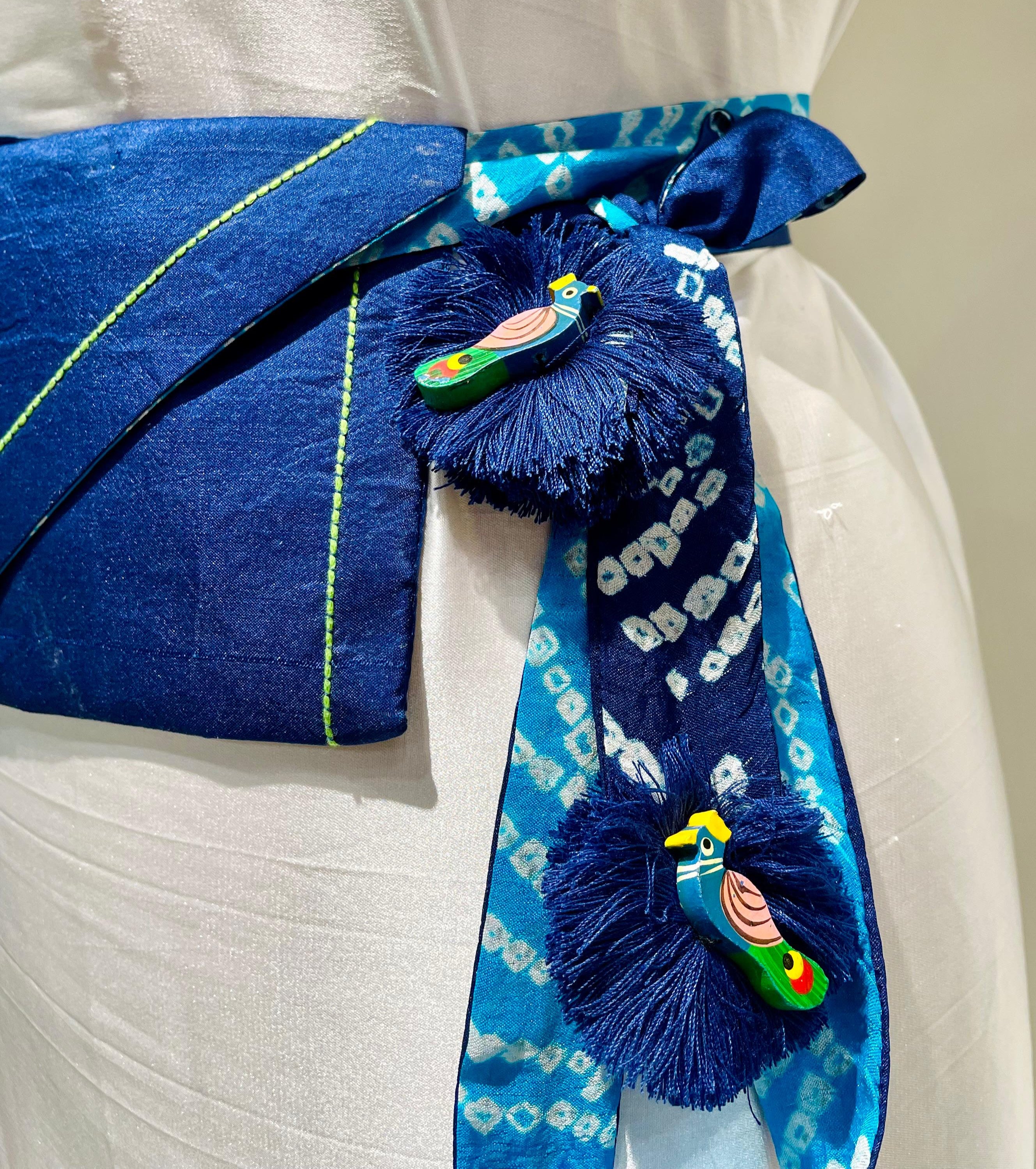 LIGHT BLUE - BLUE SILK WAIST BAG WITH HANDMADE TASSELS