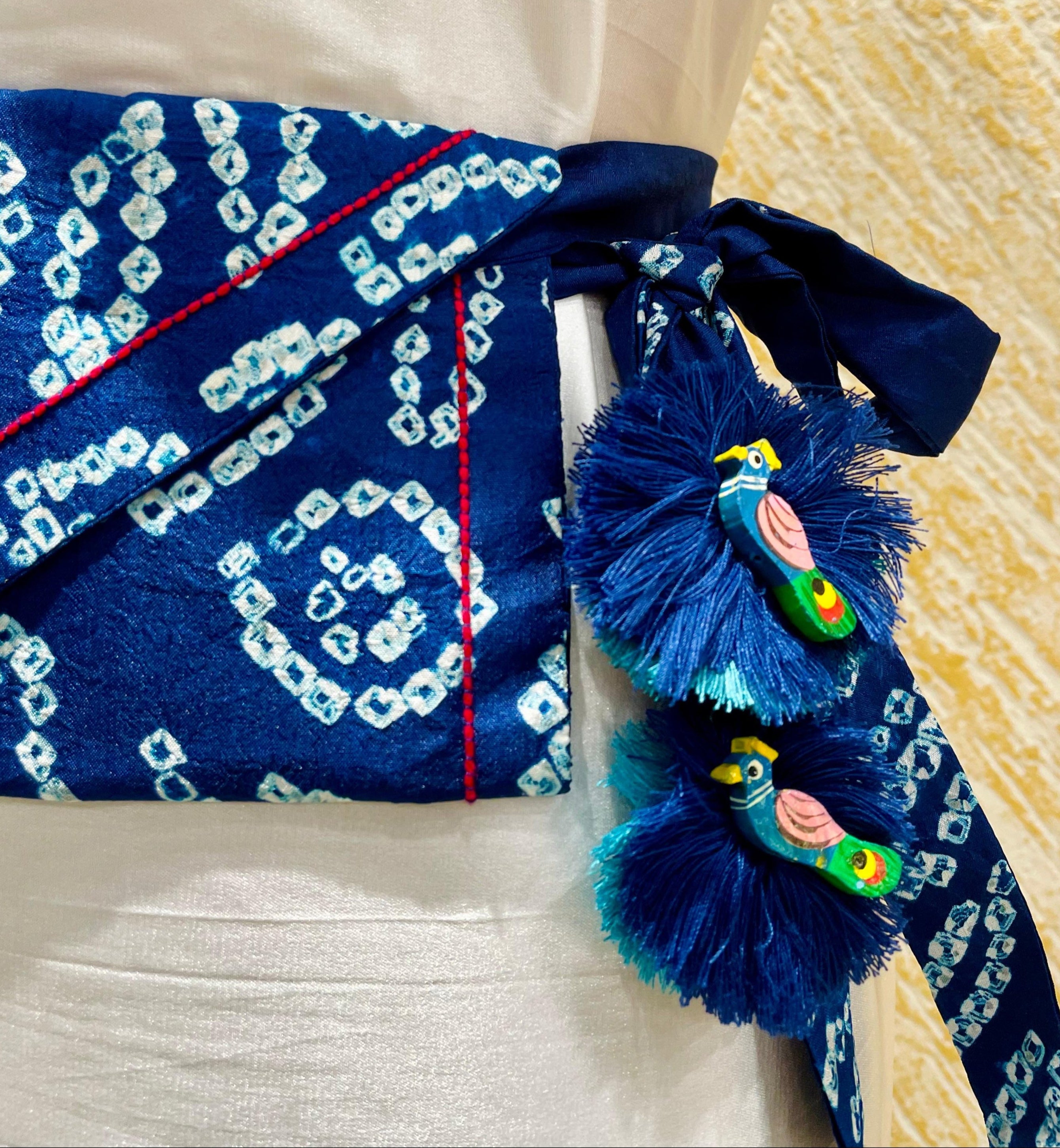 INDIGO BLUE SILK WAIST BAG WITH HANDMADE TASSELS