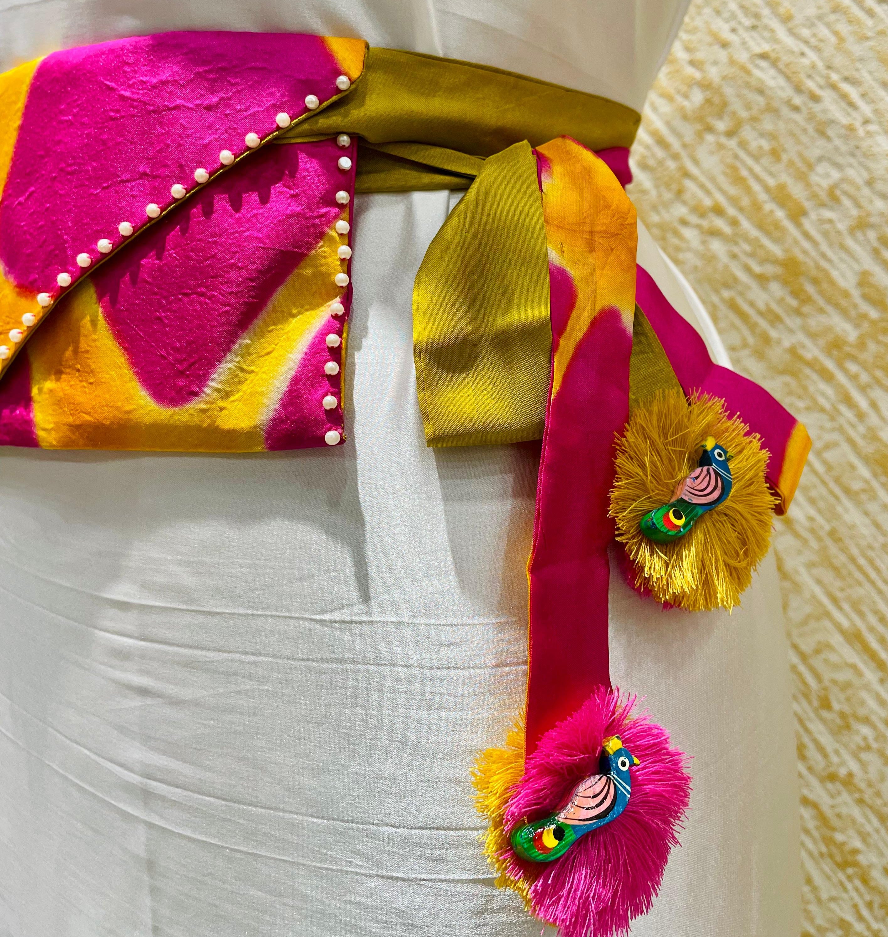 PINK-YELLOW SILK WAIST BAG WITH HANDMADE TASSELS