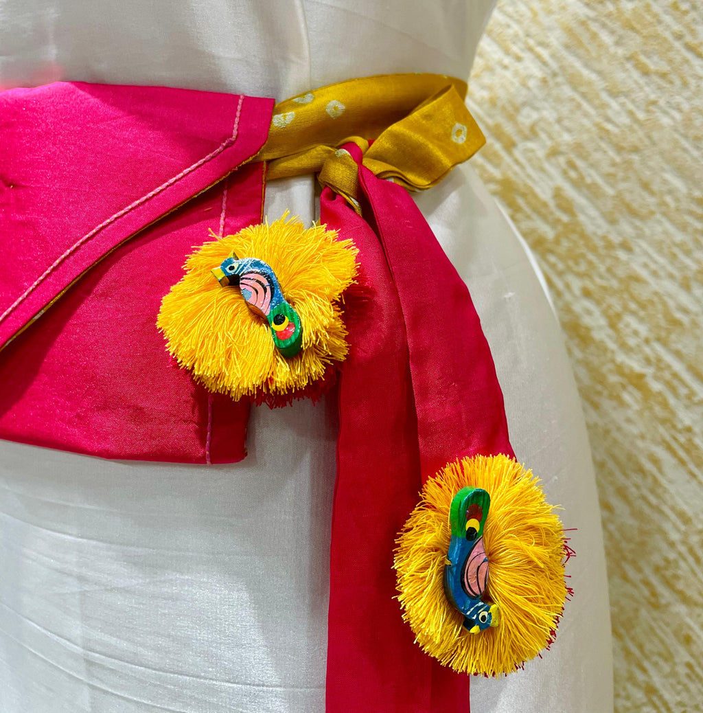 YELLOW-PINK SILK WAIST BAG WITH HANDMADE TASSELS