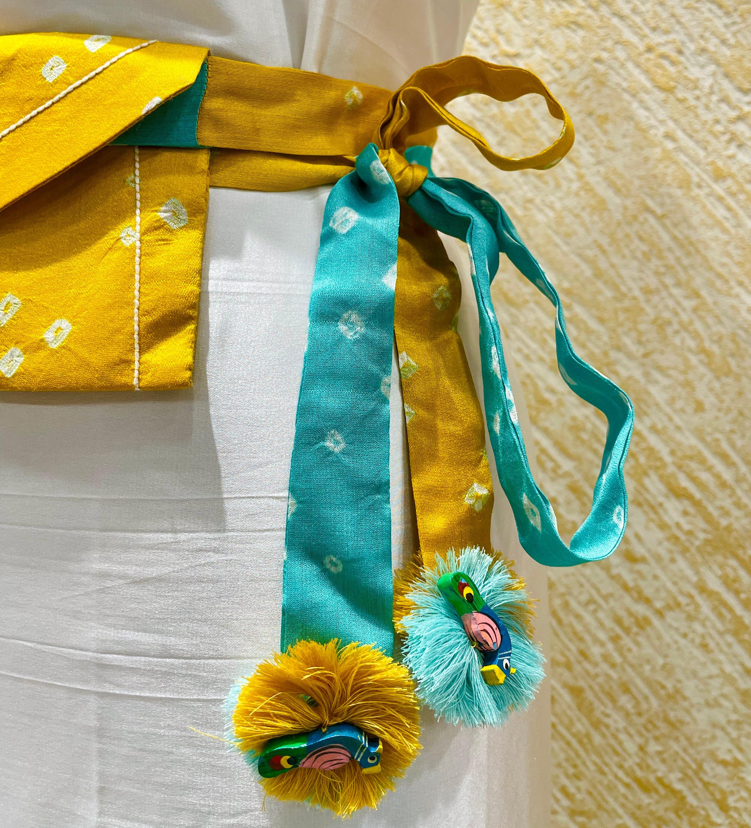LIGHT BLUE - YELLOW SILK WAIST BAG WITH HANDMADE TASSELS