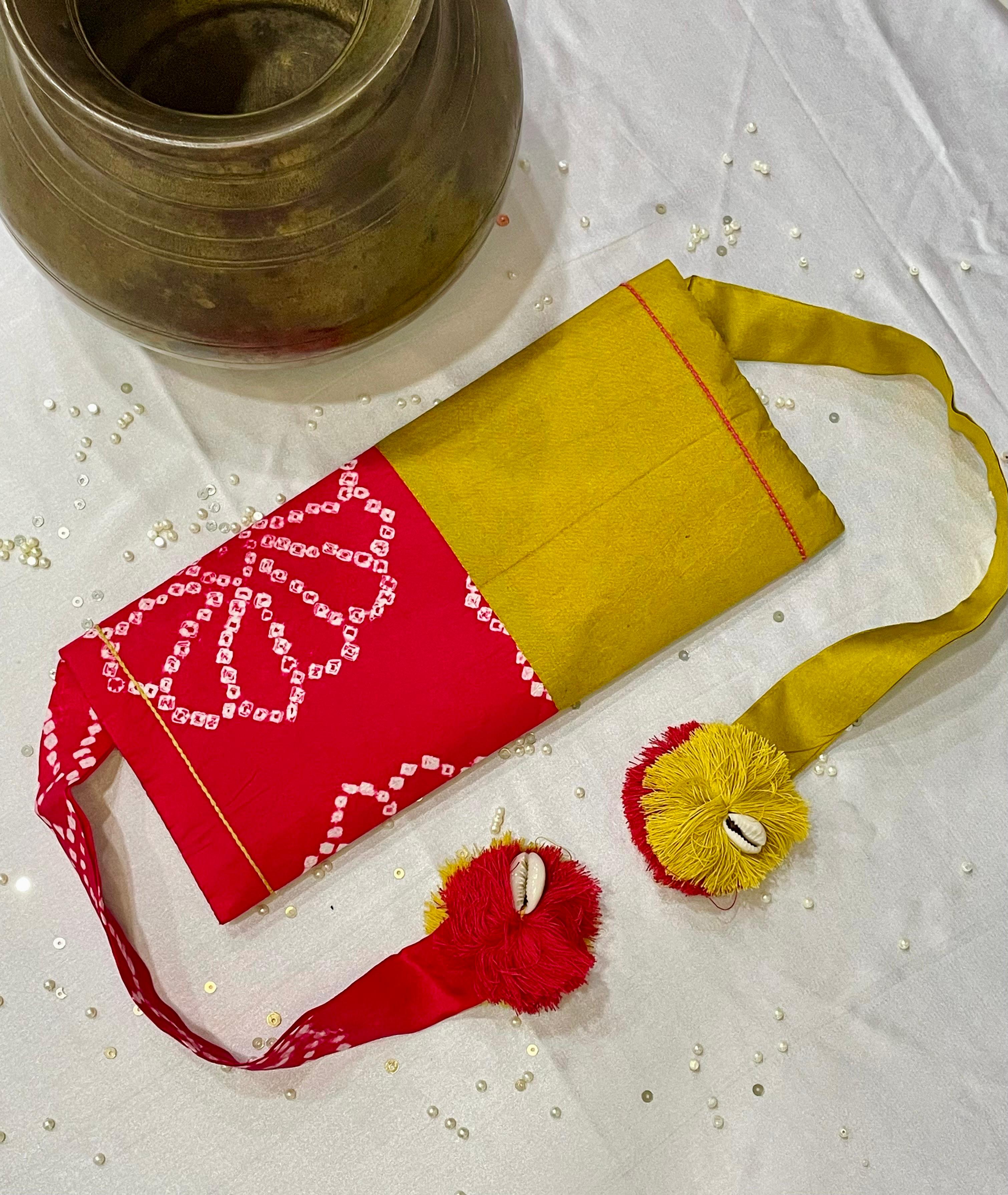 PINK-YELLOW SILK WAIST BAG WITH HANDMADE TASSELS
