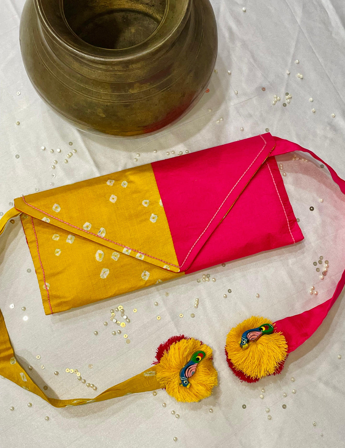 YELLOW-PINK SILK WAIST BAG WITH HANDMADE TASSELS
