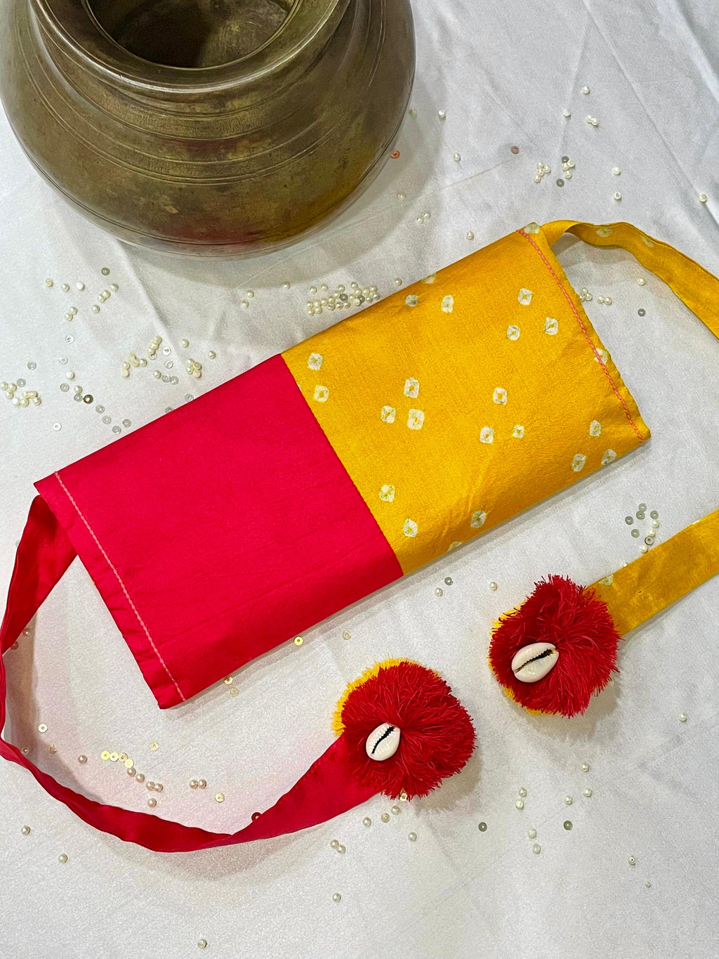 YELLOW-PINK SILK WAIST BAG WITH HANDMADE TASSELS