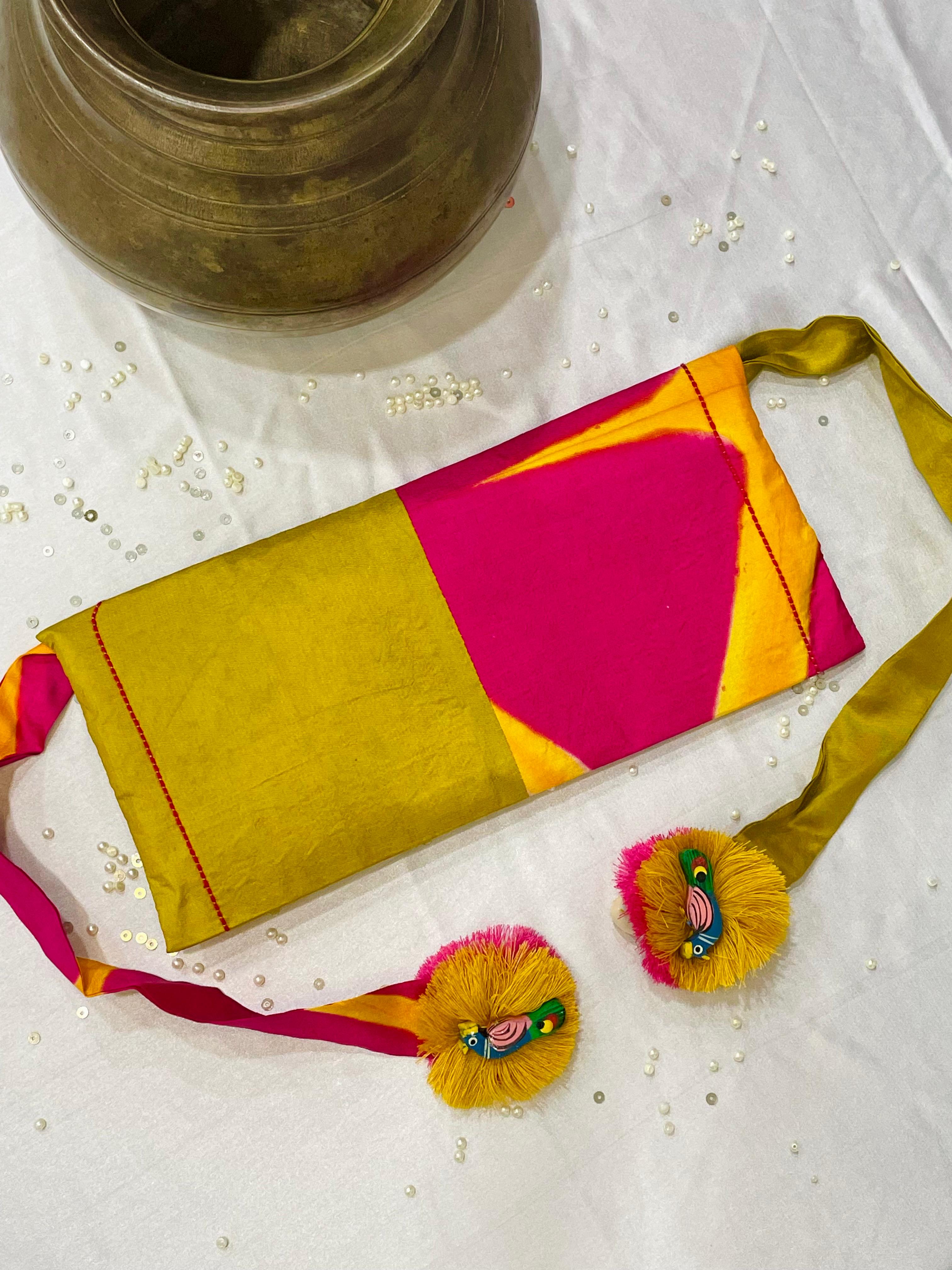 PINK-YELLOW SILK WAIST BAG WITH HANDMADE TASSELS