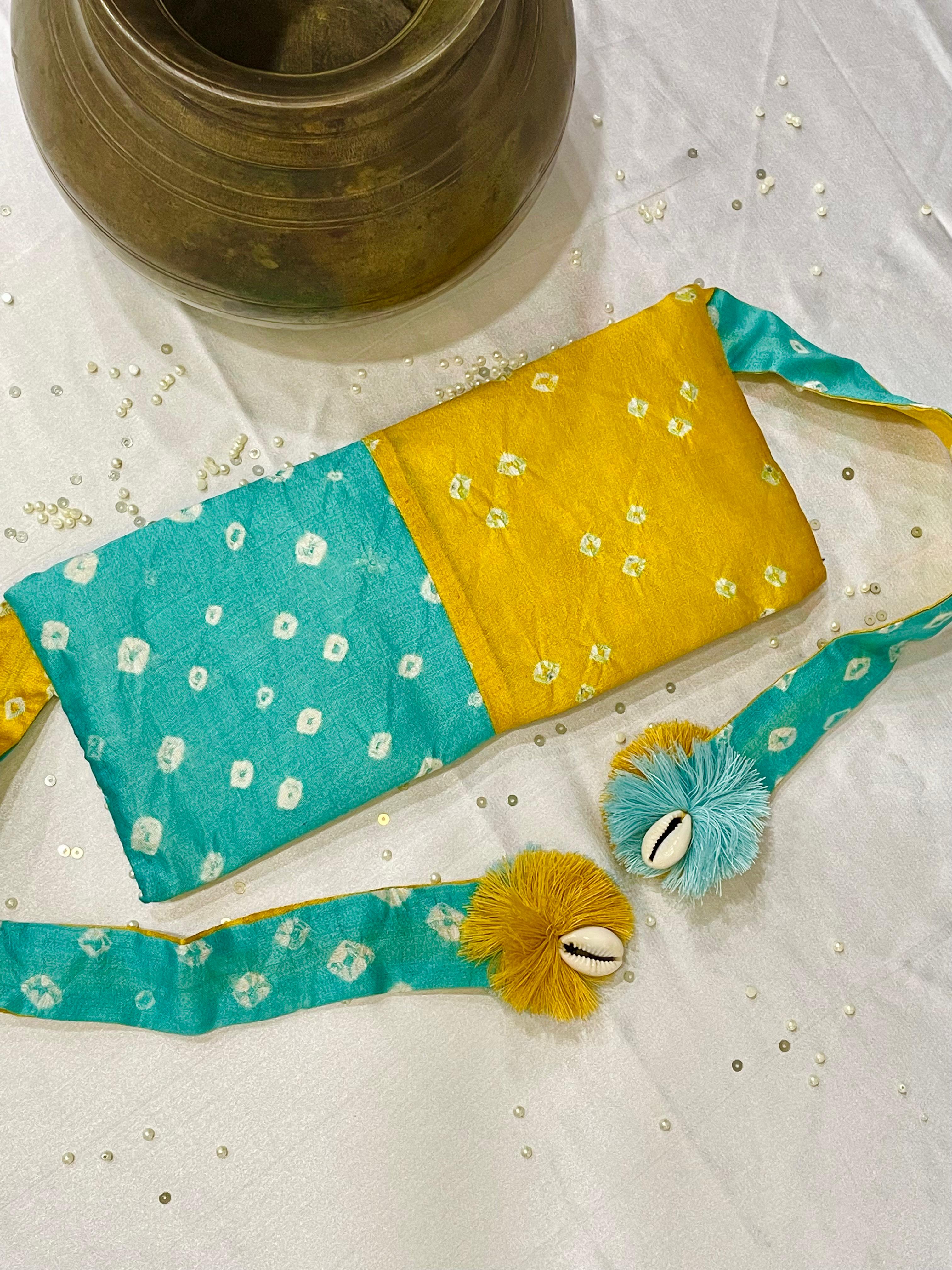 LIGHT BLUE - YELLOW SILK WAIST BAG WITH HANDMADE TASSELS AND STONEWORK