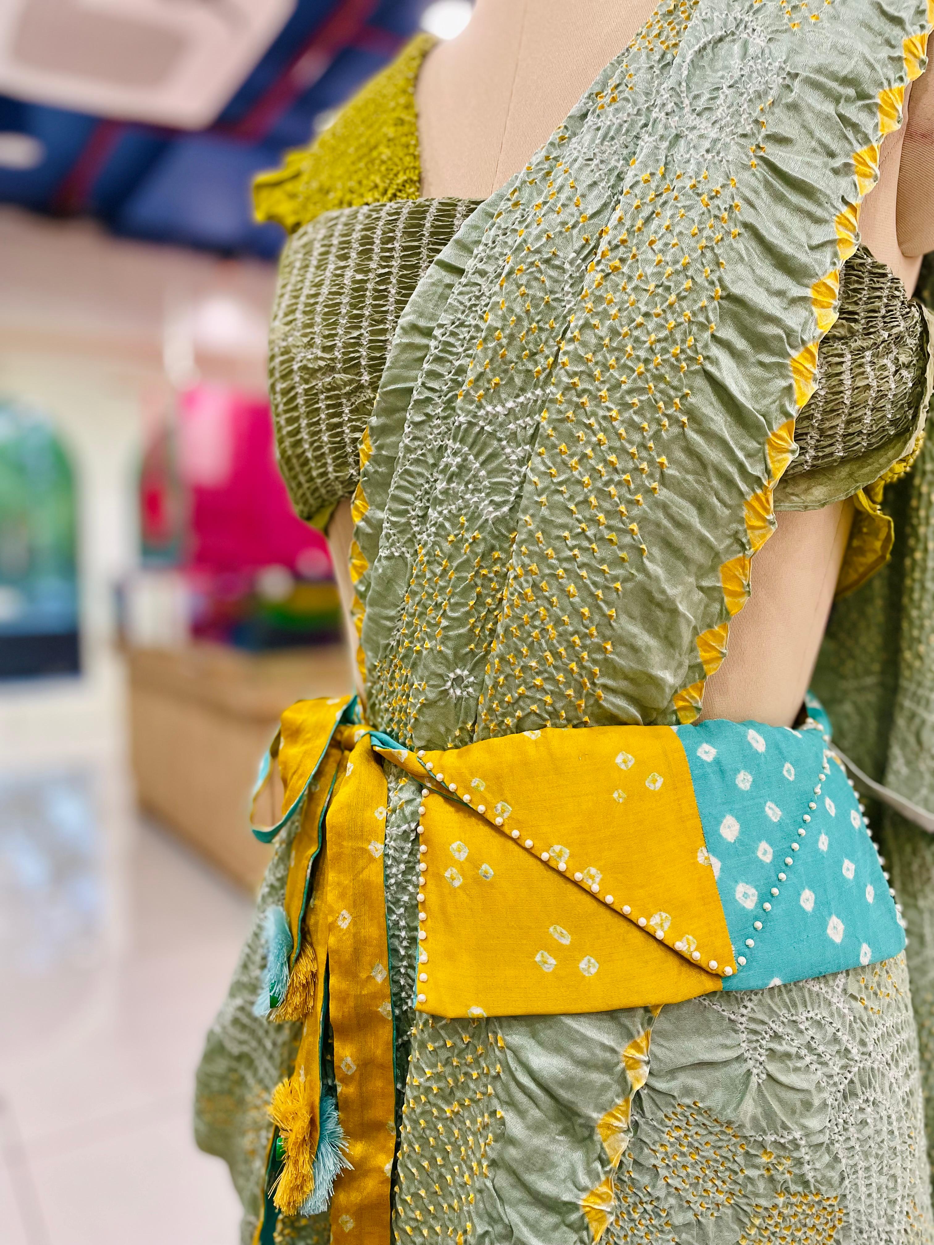 LIGHT BLUE - YELLOW SILK WAIST BAG WITH HANDMADE TASSELS AND STONEWORK