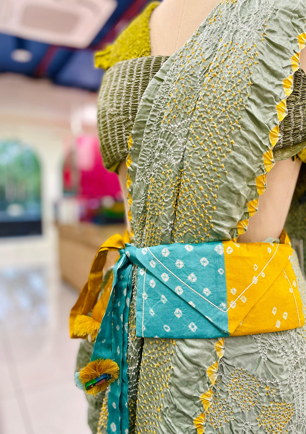LIGHT BLUE - YELLOW SILK WAIST BAG WITH HANDMADE TASSELS