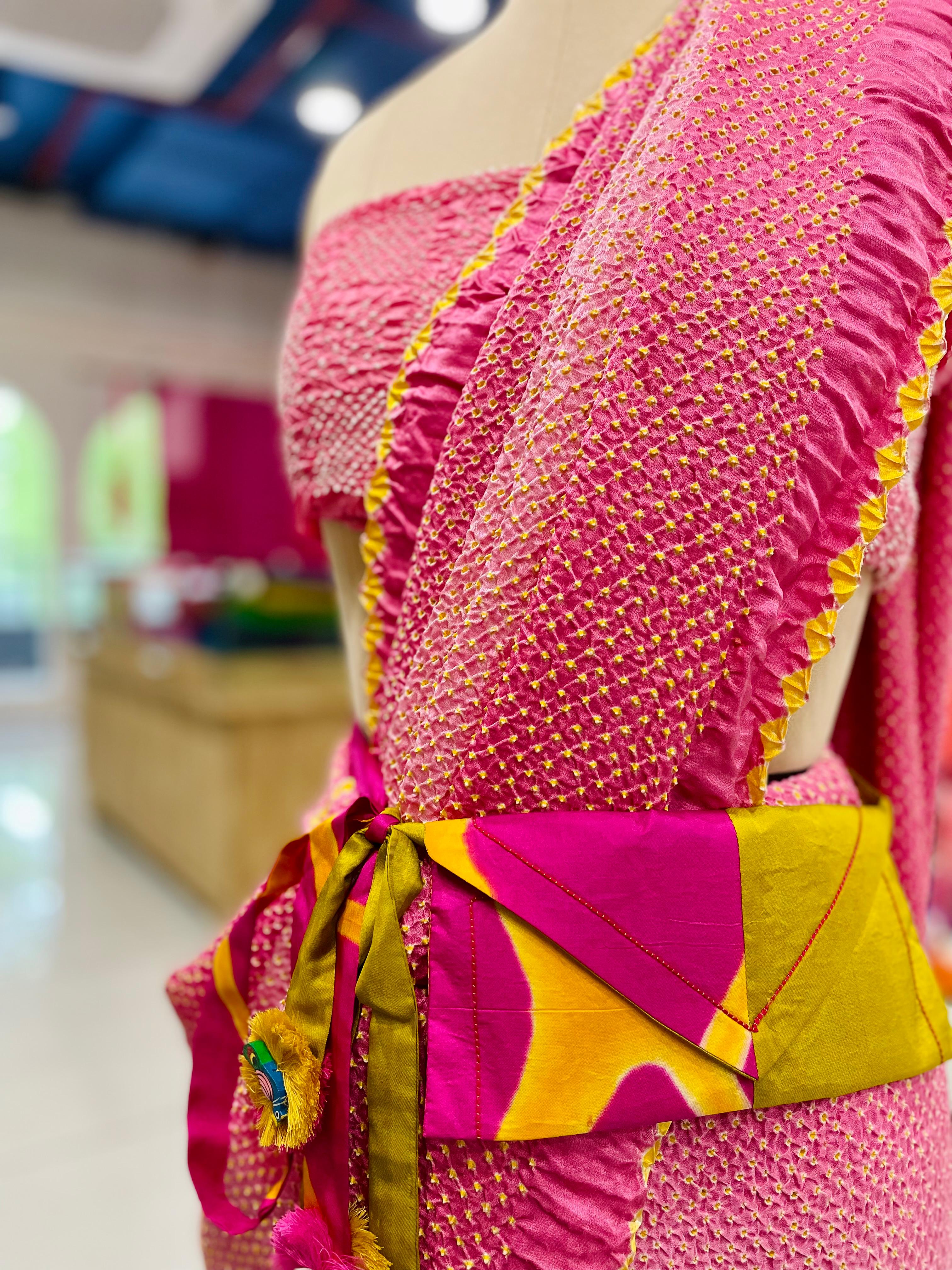 PINK-YELLOW SILK WAIST BAG WITH HANDMADE TASSELS