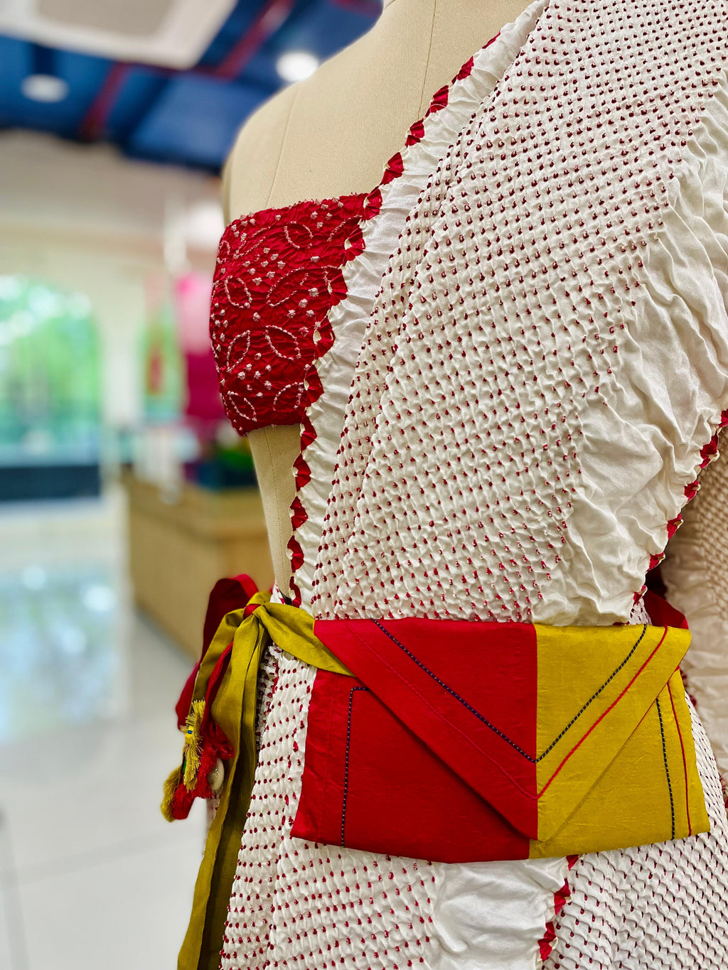 RED-YELLOW SILK WAIST BAG WITHHANDMADE TASSELS