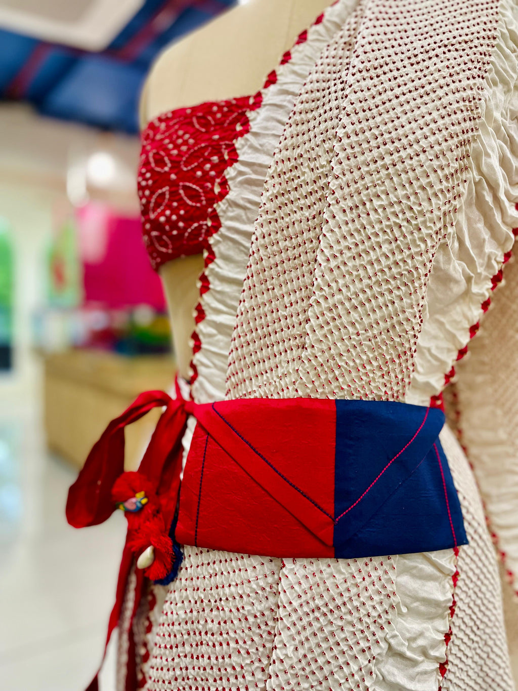 RED-BLUE SILK WAIST BAG WITH HANDMADE TASSELS