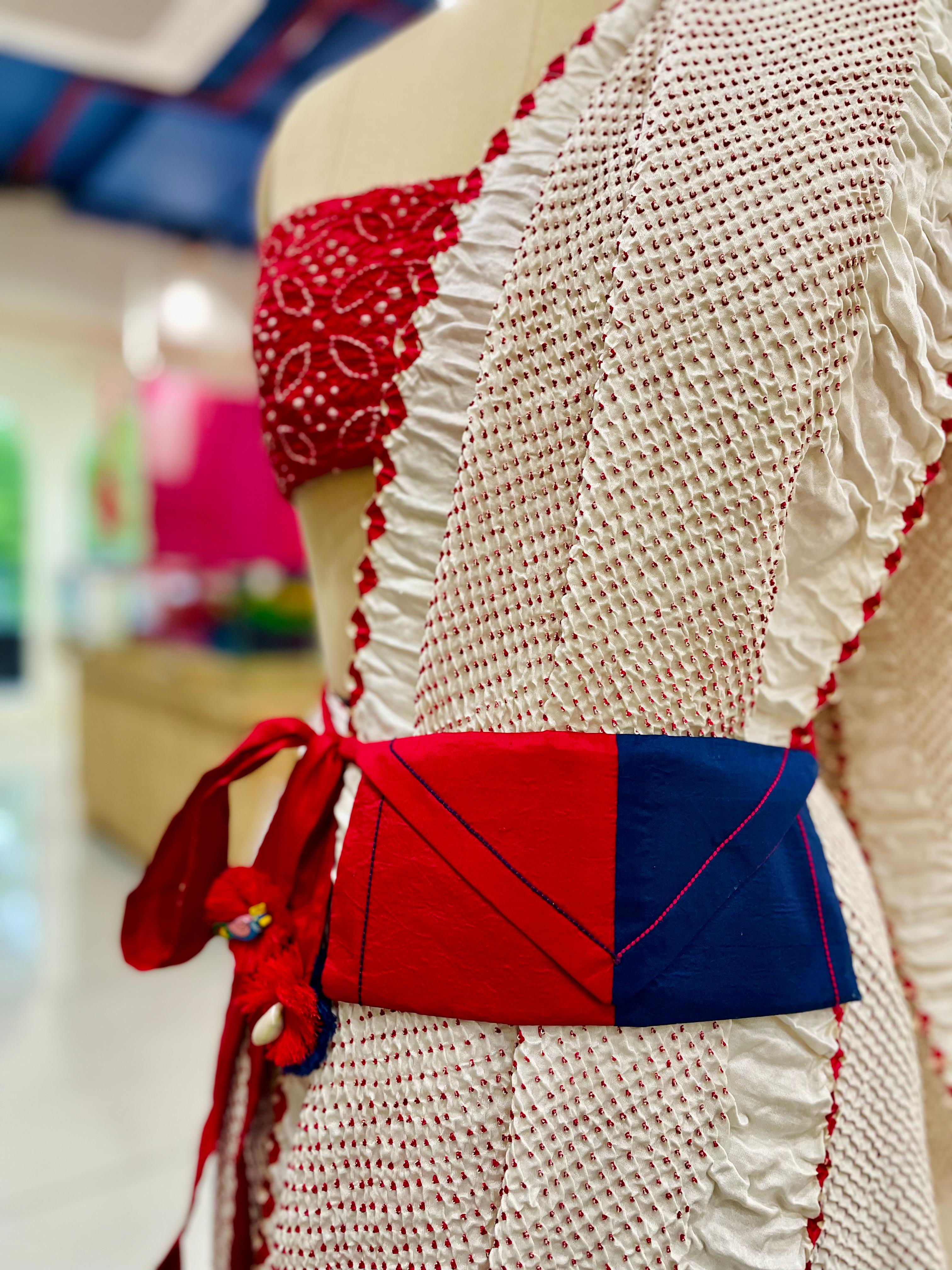 RED-BLUE SILK WAIST BAG WITH HANDMADE TASSELS