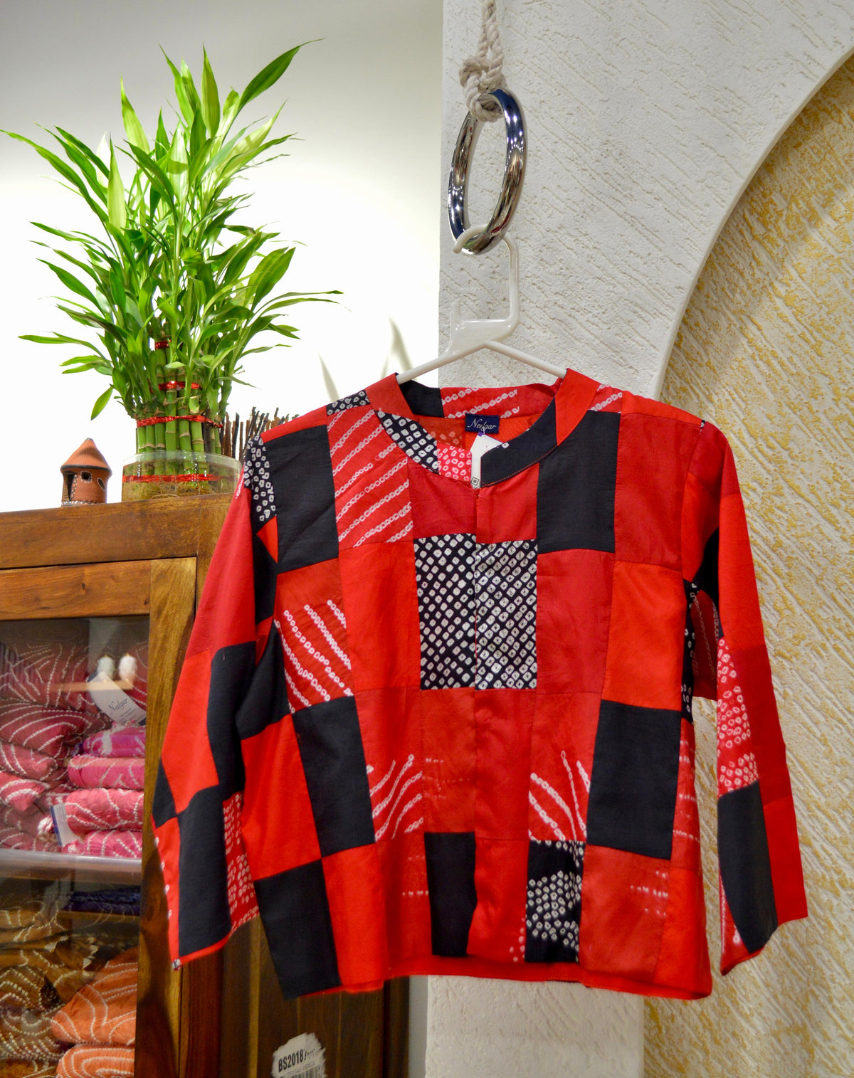 RED-BLACK PATCHWORK SILK BLOUSE