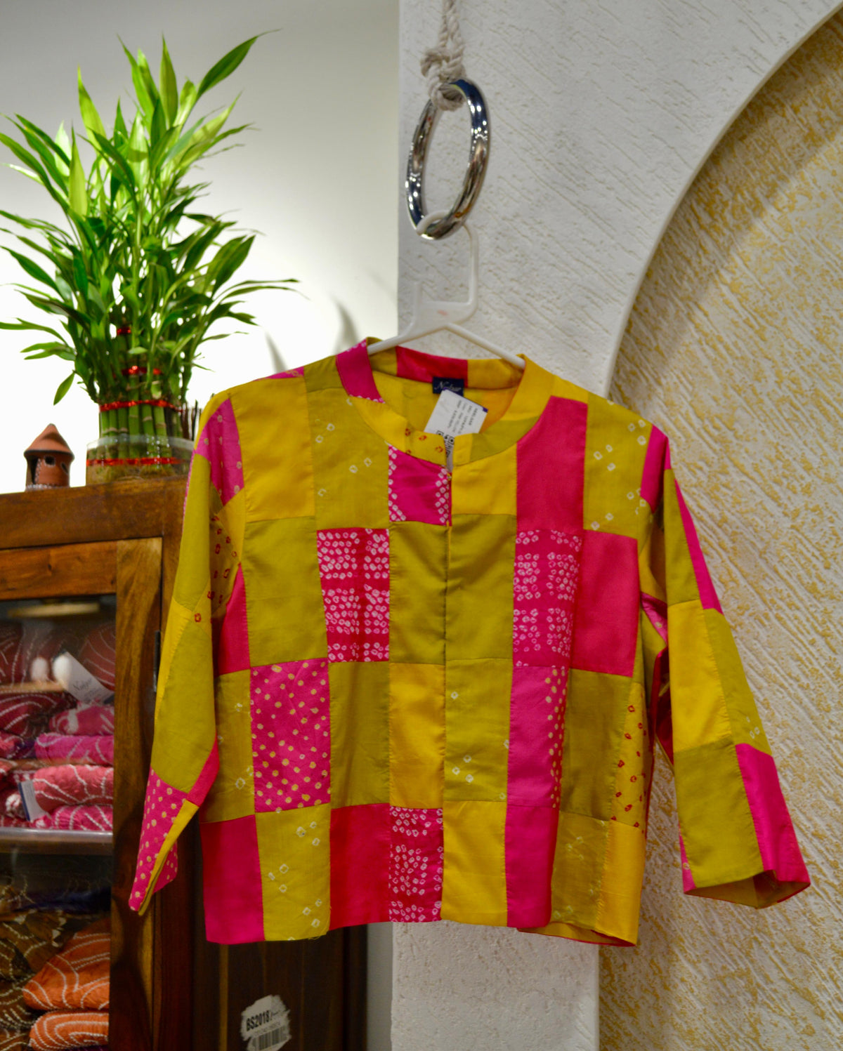 PINK-YELLOW PATCHWORK SILK BLOUSE