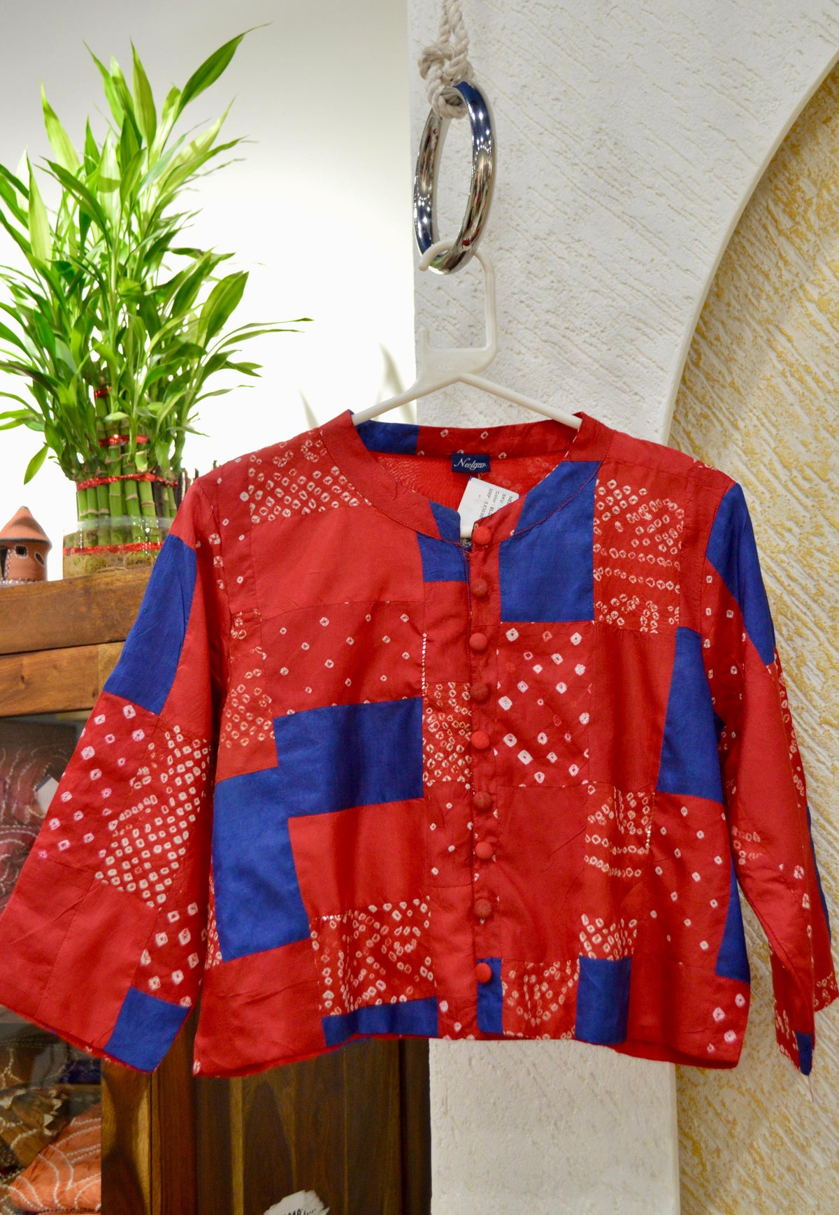 RED-BLUE PATCHWORK SILK BLOUSE