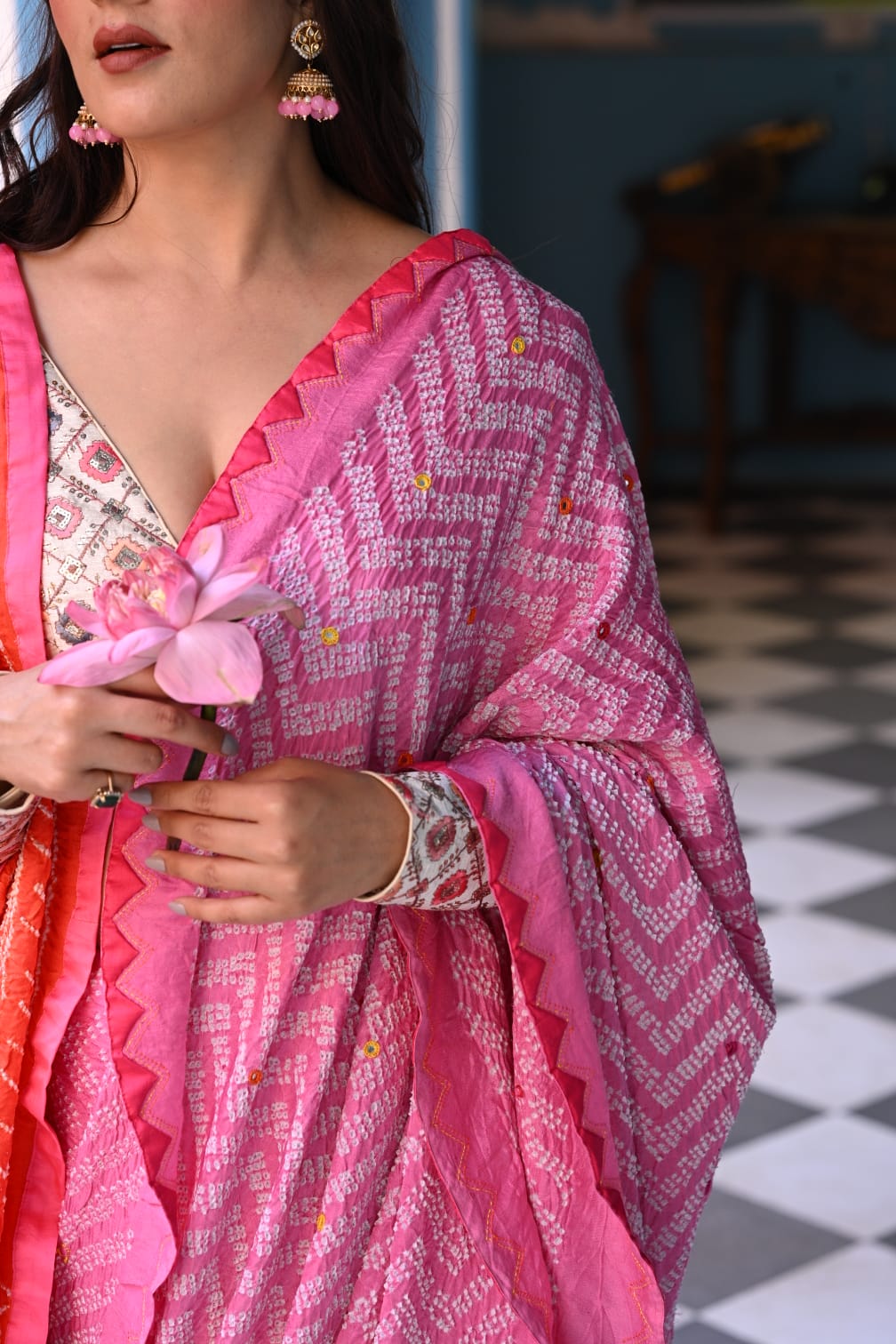 PINK CHEVRON BANDHANI SILK SAREE WITH MIRROR AND APPLIQUE WORK