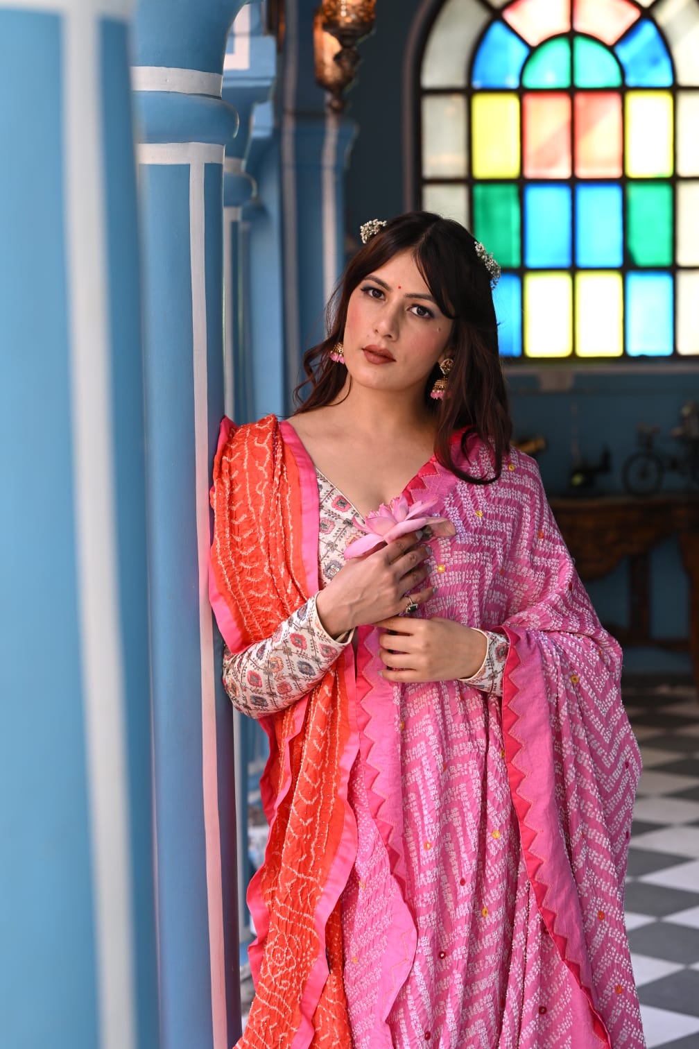 PINK CHEVRON BANDHANI SILK SAREE WITH MIRROR AND APPLIQUE WORK