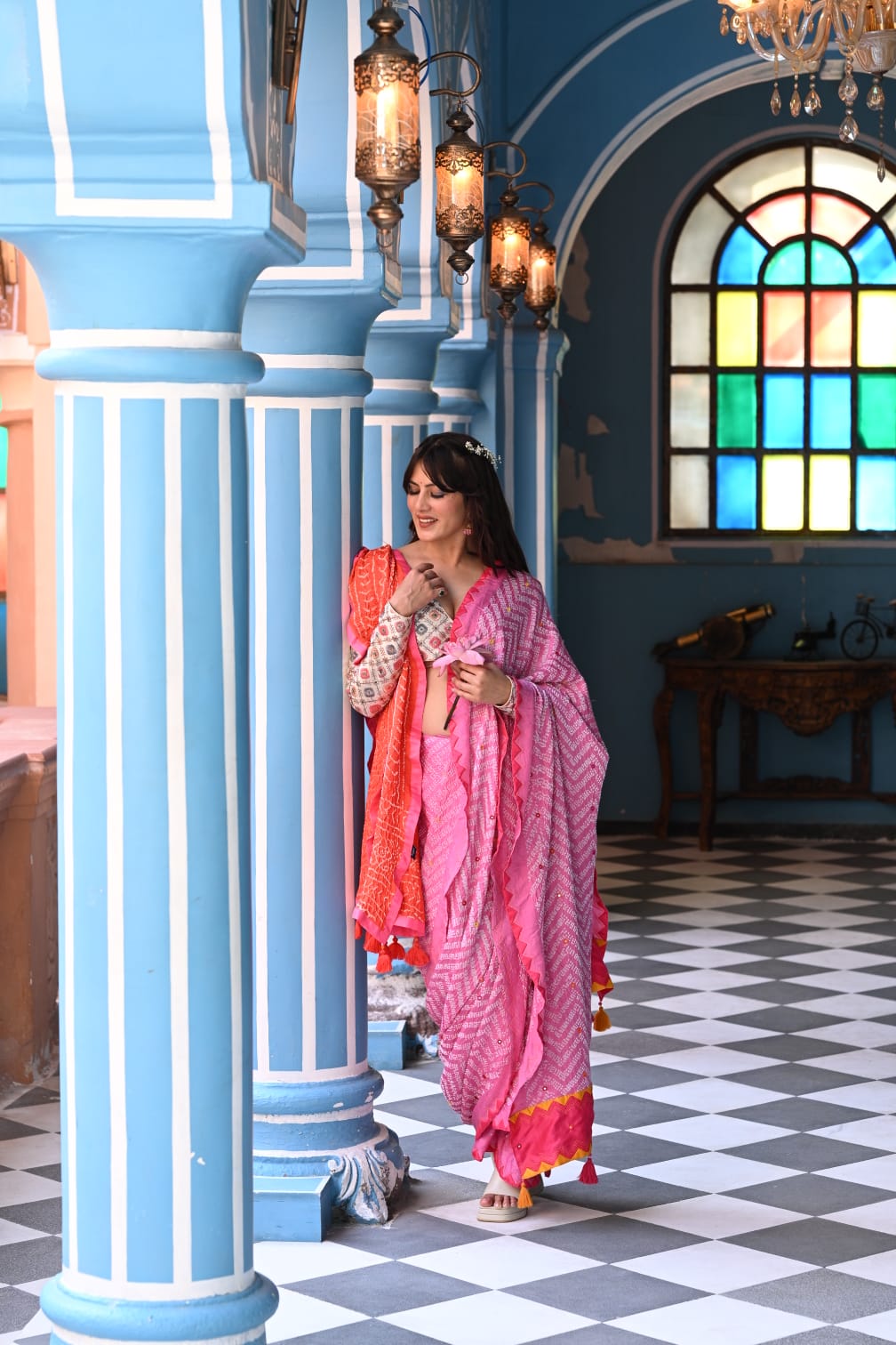PINK CHEVRON BANDHANI SILK SAREE WITH MIRROR AND APPLIQUE WORK