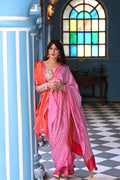 PINK CHEVRON BANDHANI SILK SAREE WITH MIRROR AND APPLIQUE WORK