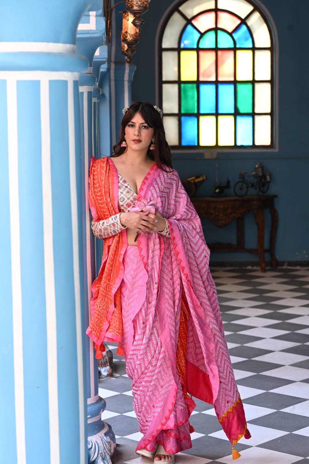 PINK CHEVRON BANDHANI SILK SAREE WITH MIRROR AND APPLIQUE WORK