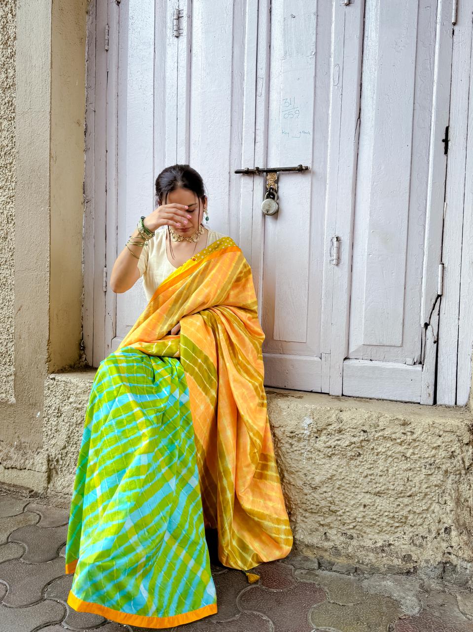 YELLOW-GREEN BAARADOZI SILK PATCHWORK REVERSIBLE SAREE