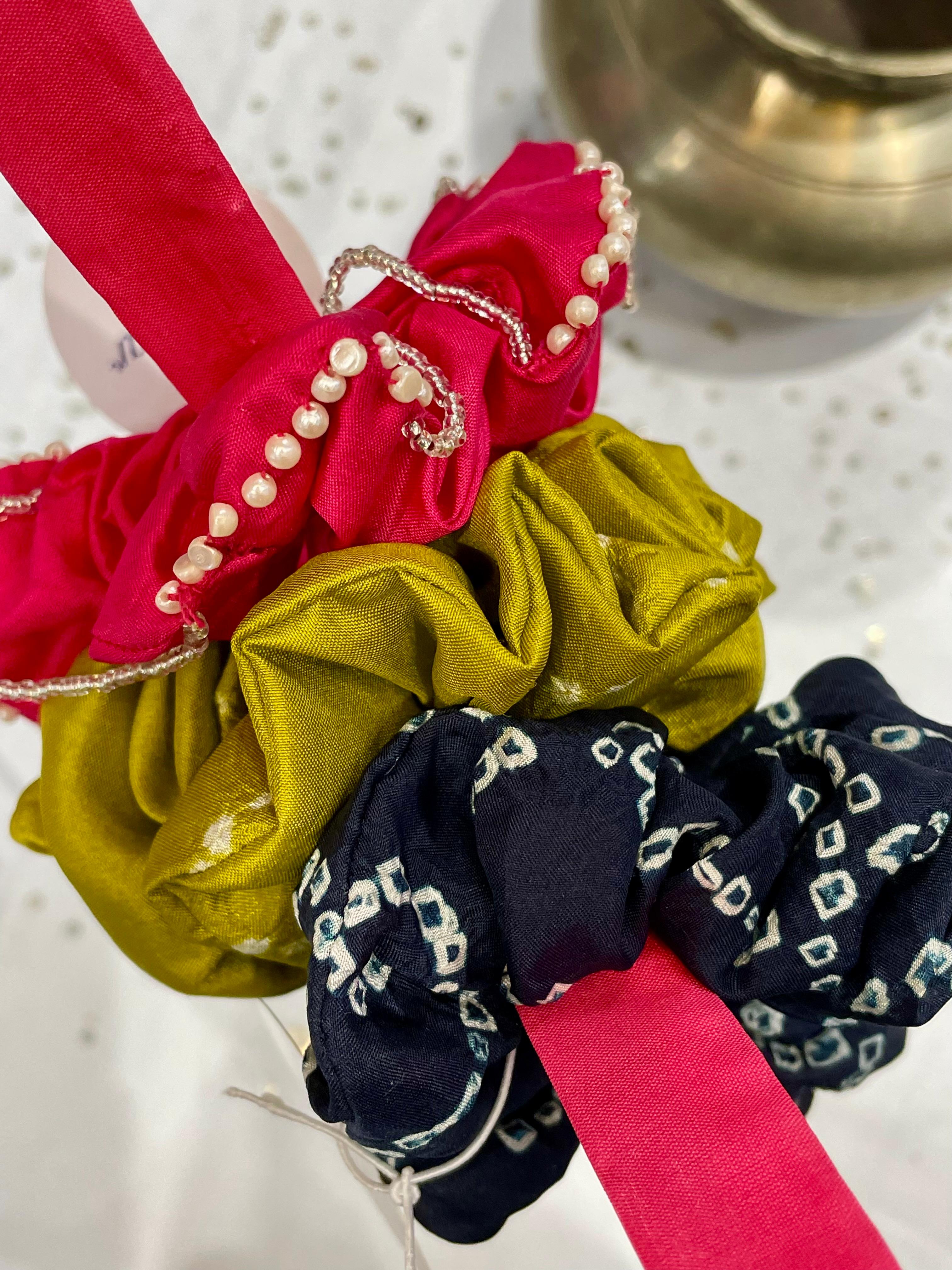 SILK SCRUNCHIES COMBO - PINK, GREEN, BLUE