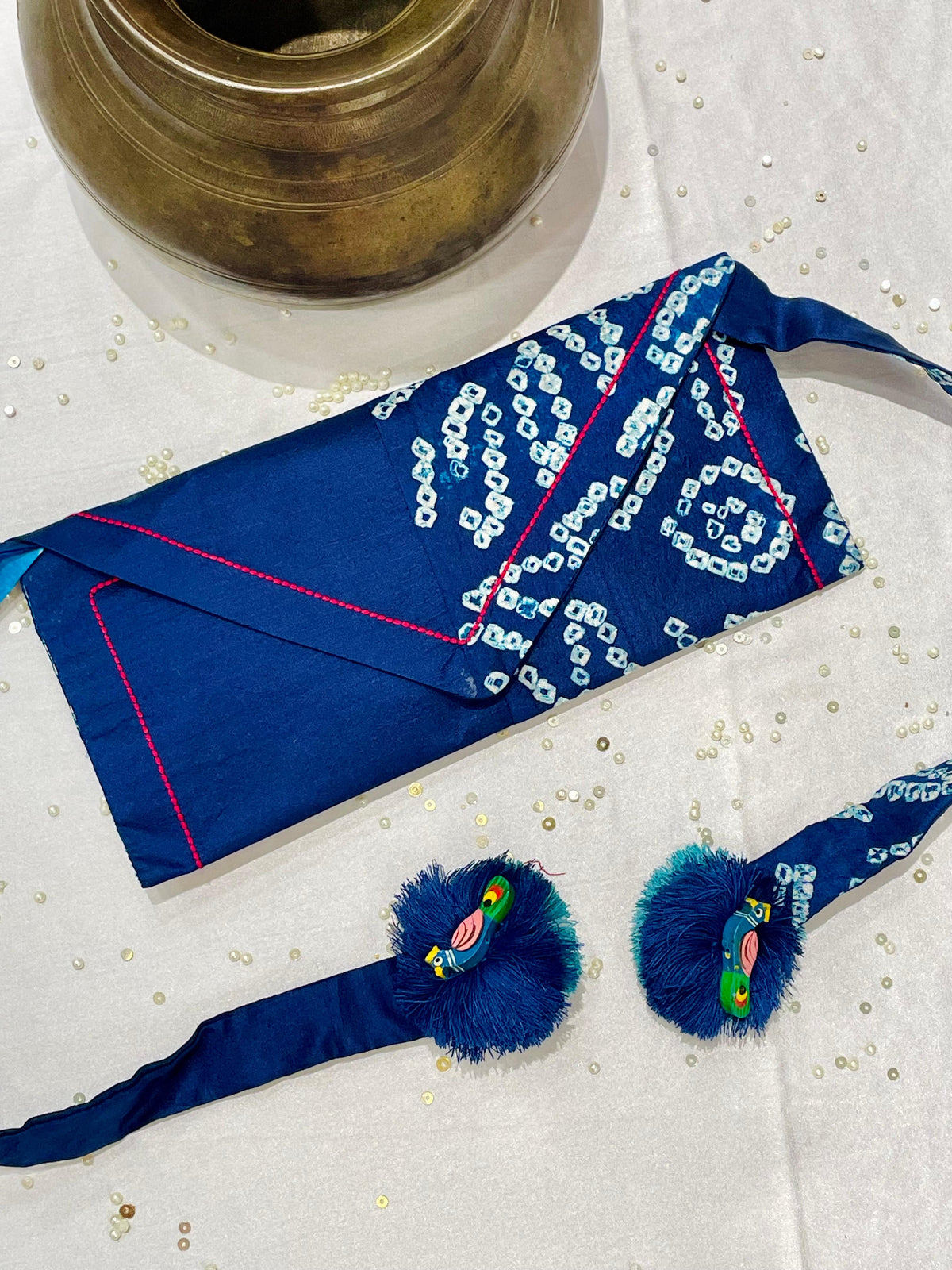 INDIGO BLUE SILK WAIST BAG WITH HANDMADE TASSELS