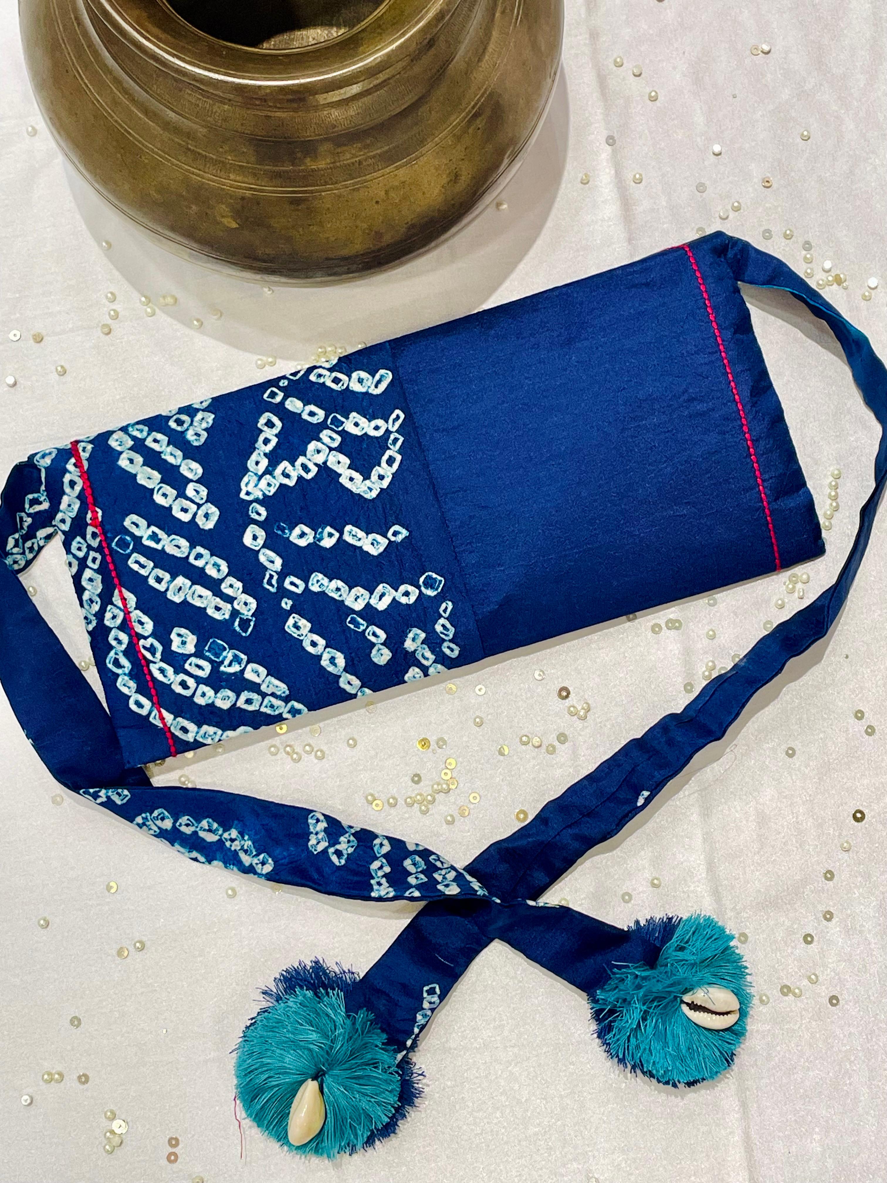 INDIGO BLUE SILK WAIST BAG WITH HANDMADE TASSELS