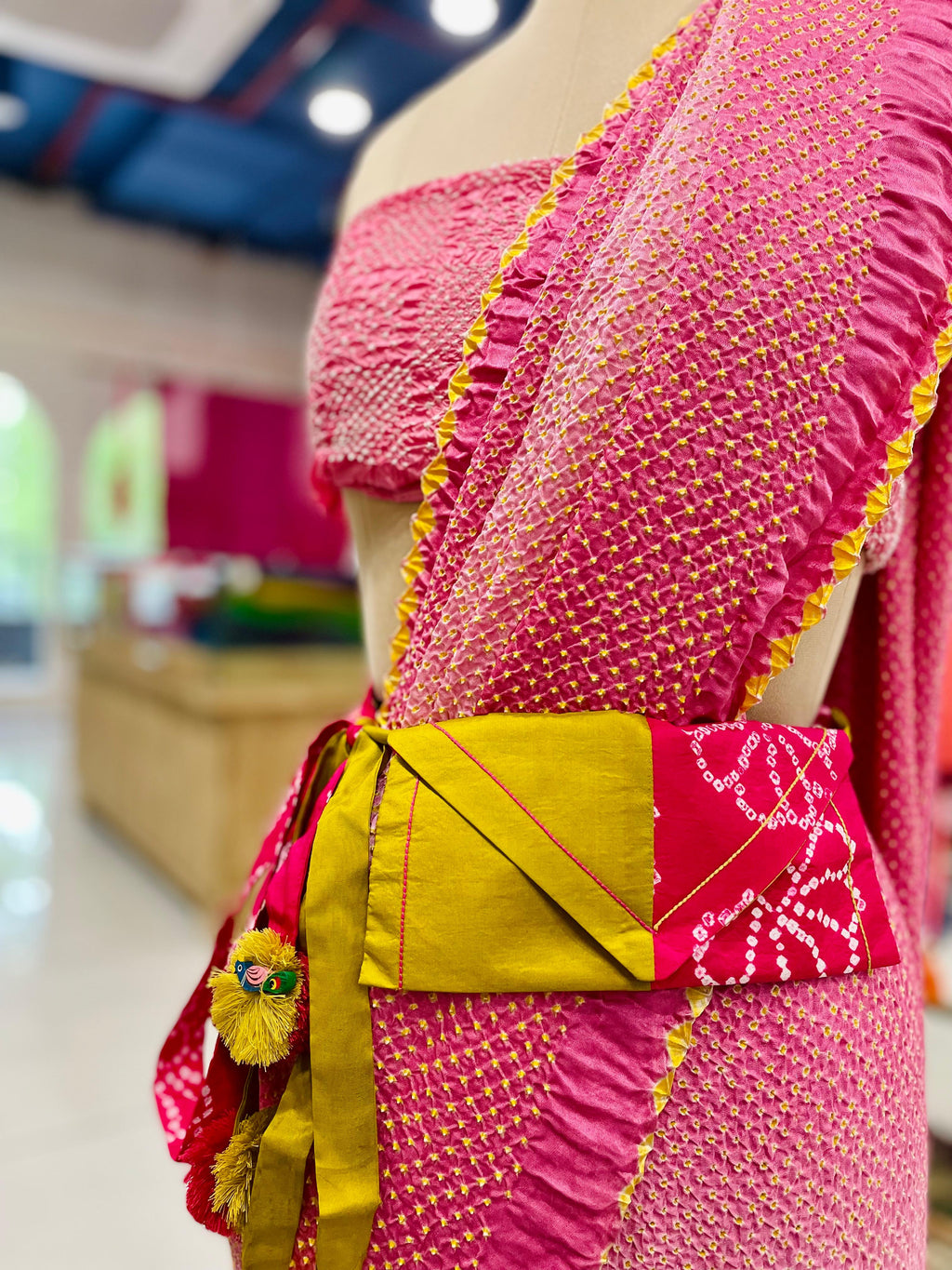 PINK-YELLOW SILK WAIST BAG WITH HANDMADE TASSELS