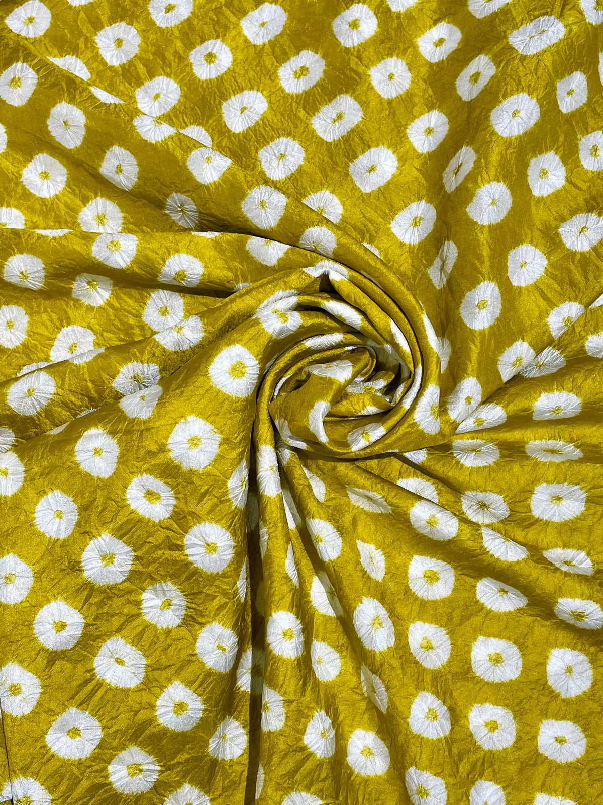 MUSTARD YELLOW BIG DOTS SILK BANDHANI FABRIC
