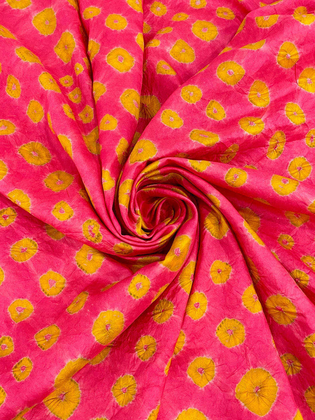PEACH-PINK BIG DOTS SILK BANDHANI FABRIC