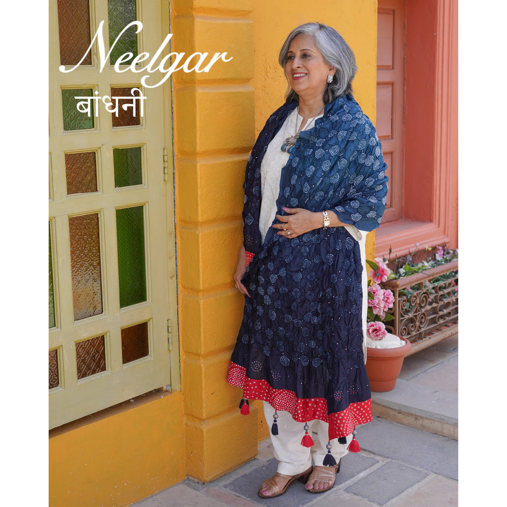 INDIGO BLUE CIRCLE OF THE LIFE BANDHANI SILK DUPATTA WITH BORDER AND TASSELS