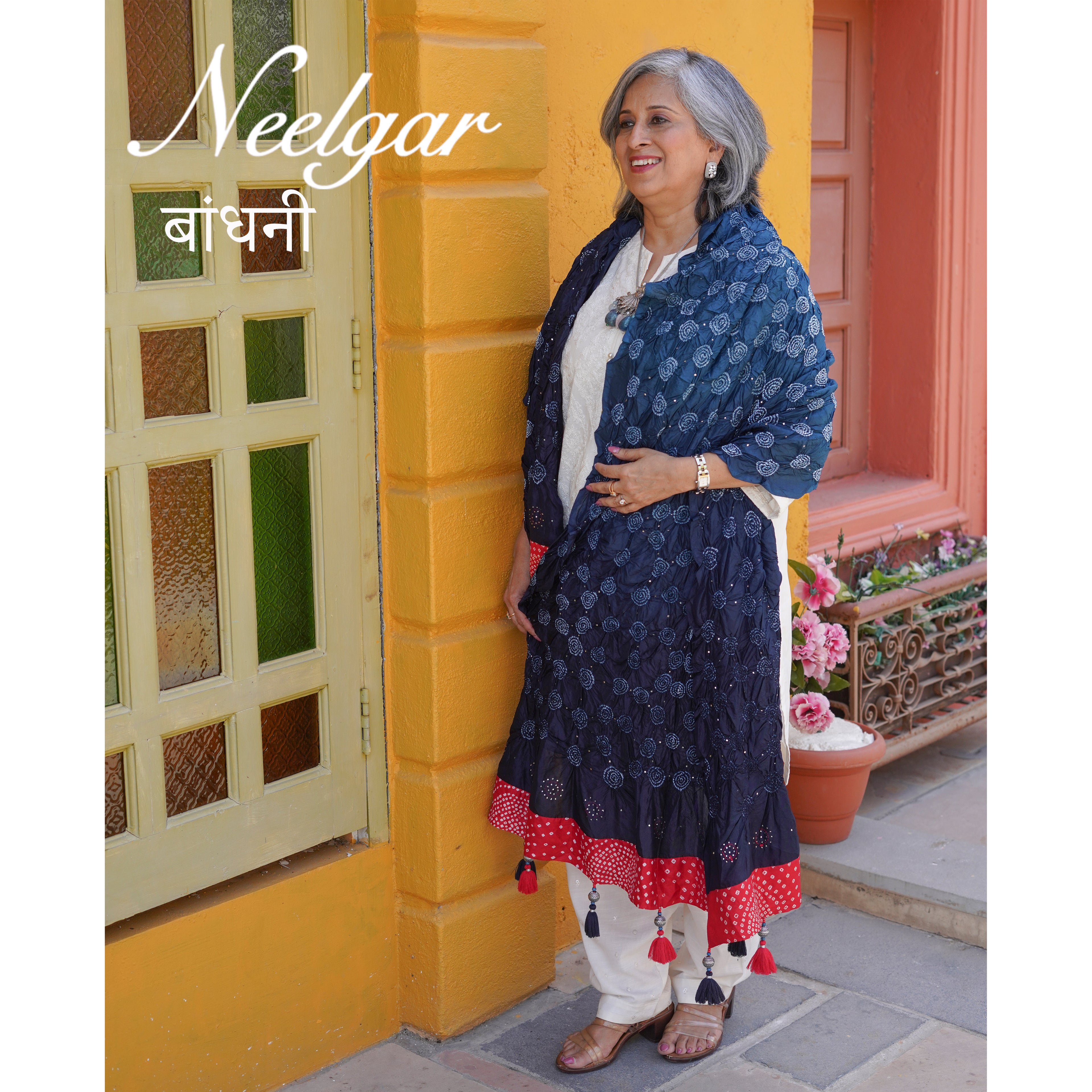 INDIGO BLUE CIRCLE OF THE LIFE BANDHANI SILK DUPATTA WITH BORDER AND TASSELS