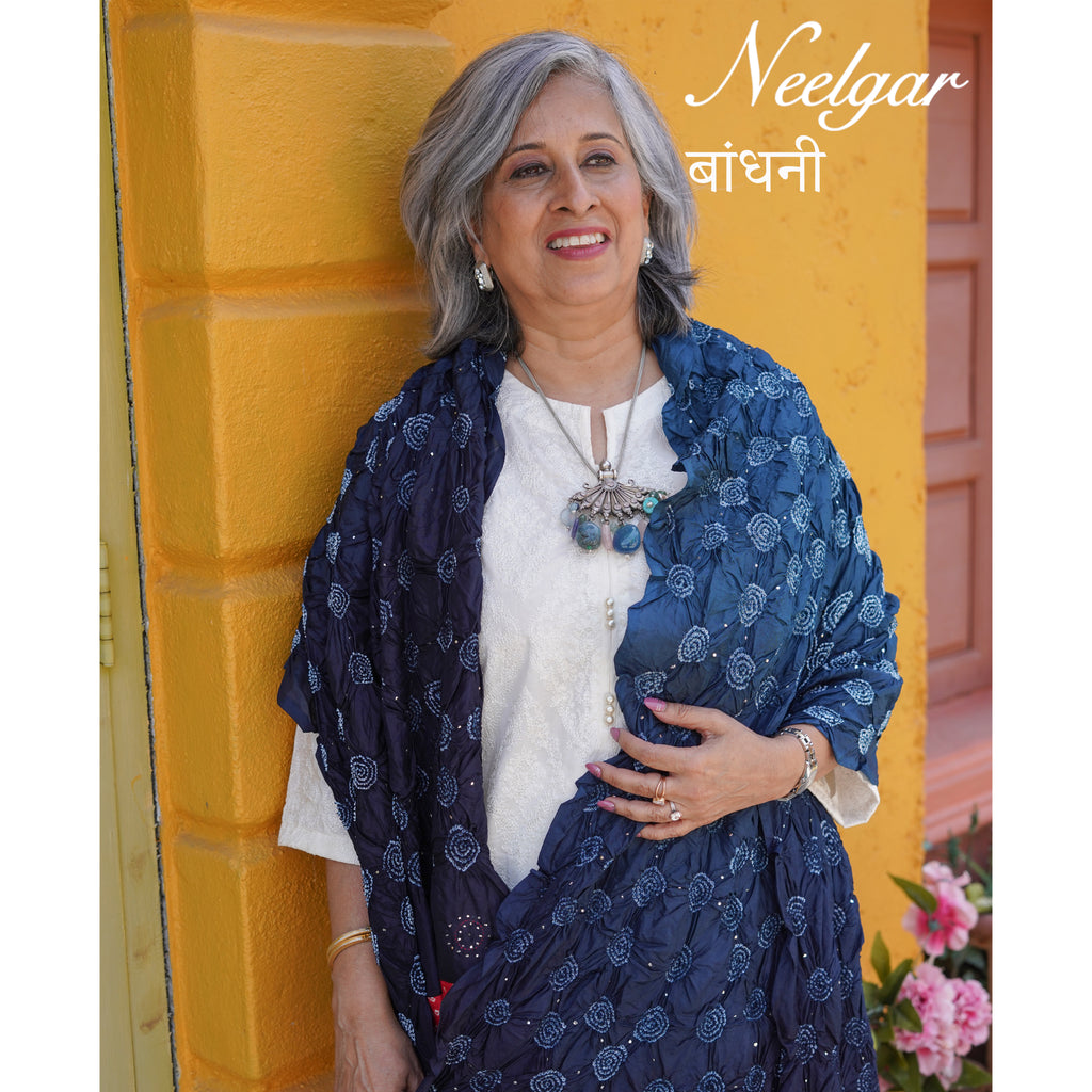 INDIGO BLUE CIRCLE OF THE LIFE BANDHANI SILK DUPATTA WITH BORDER AND TASSELS