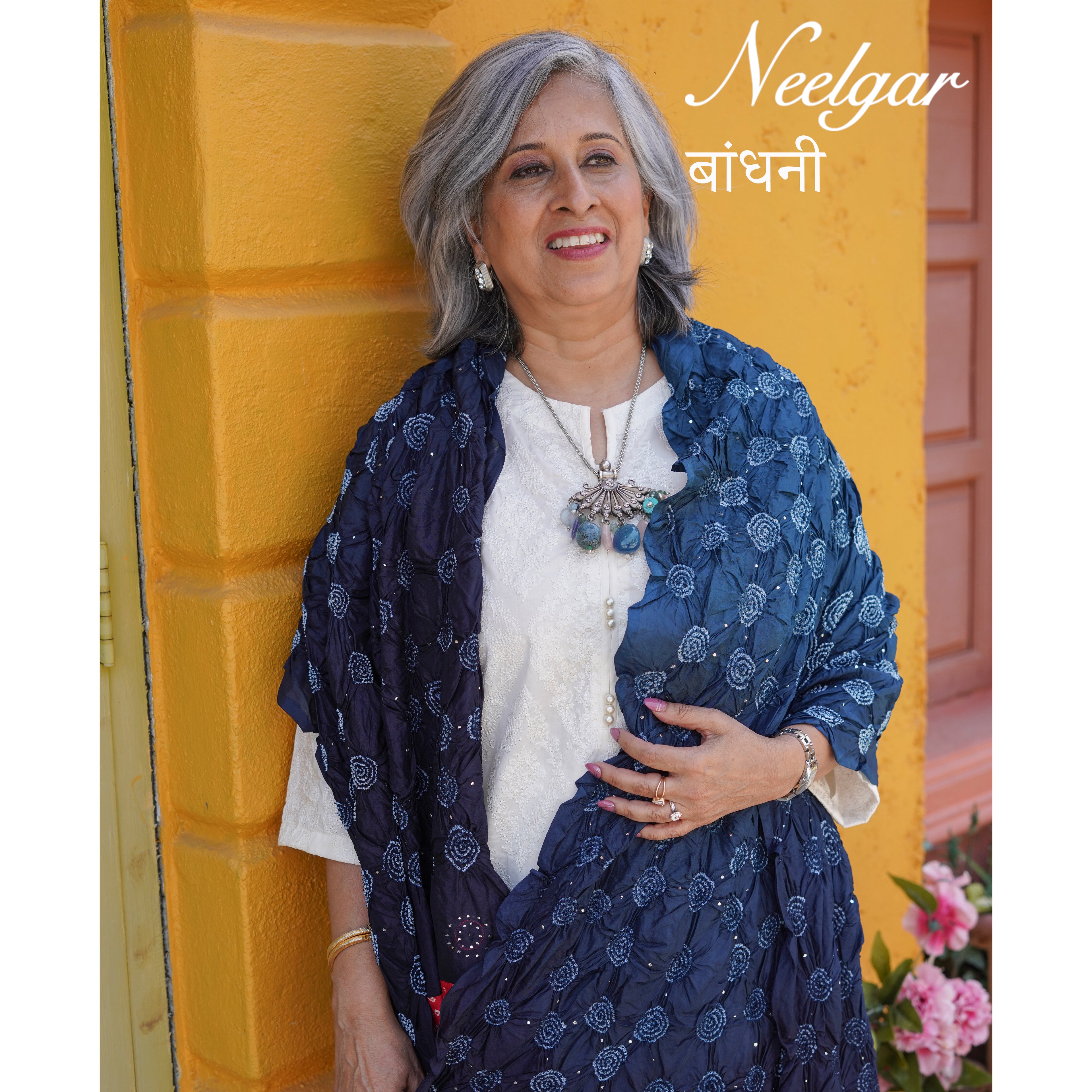 INDIGO BLUE CIRCLE OF THE LIFE BANDHANI SILK DUPATTA WITH BORDER AND TASSELS