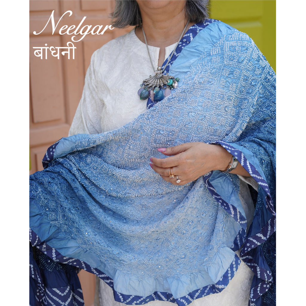 BLUE NEW DIAMOND 1 GEOMETRIC BANDHANI SILK DUPATTA WITH BORDER AND TASSELS