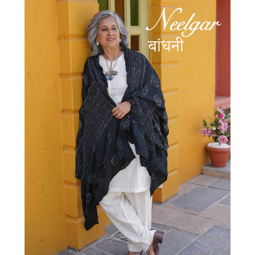 BLACK CLASSIC TRADITIONAL LADDU BANDHANI SILK DUPATTA